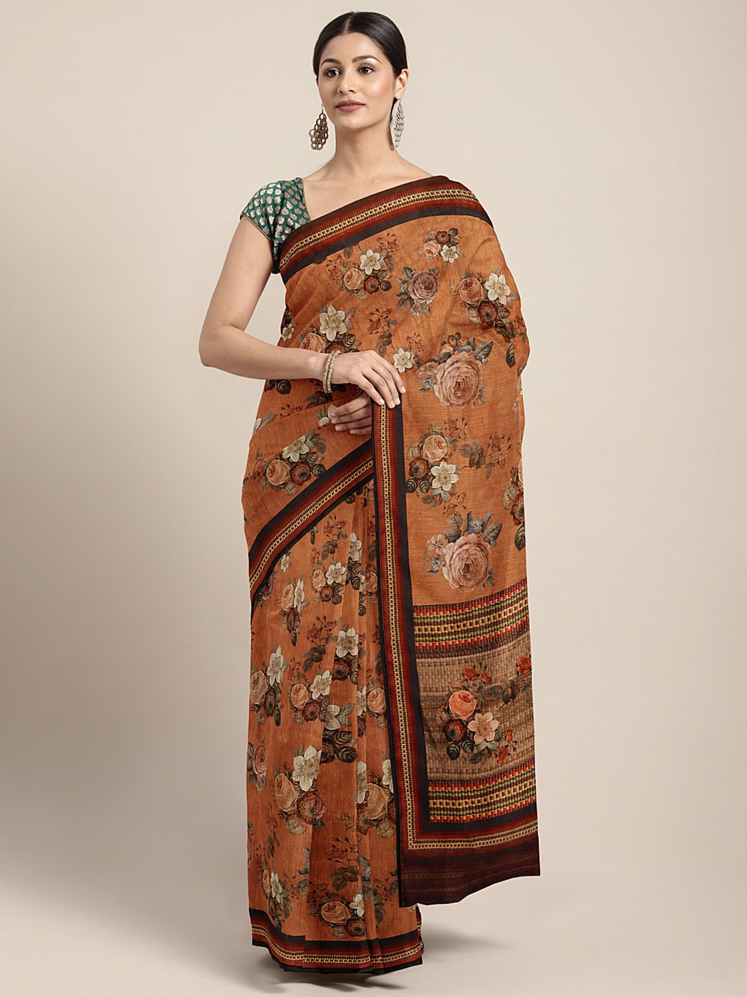 

Mitera Mustard Brown & Off-White Silk Blend Floral Printed Saree