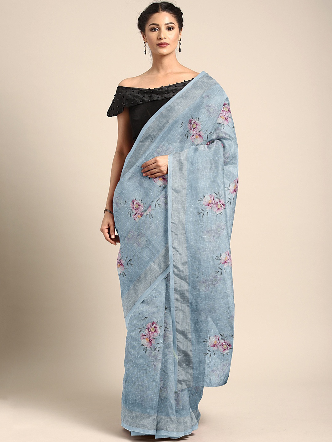 

Mitera Blue Printed Linen Blend Saree