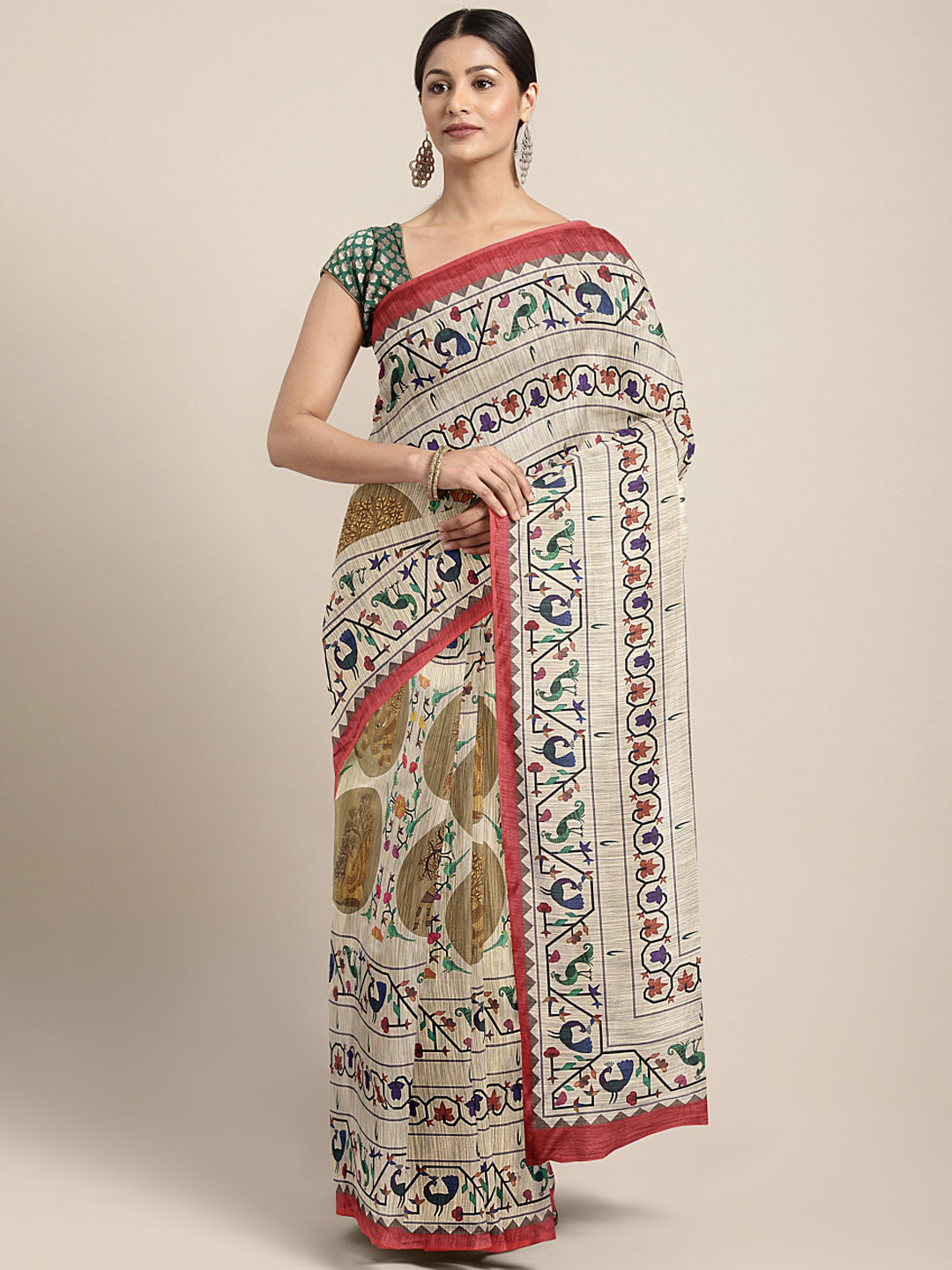 

Mitera Beige & Red Printed Silk Blend Saree