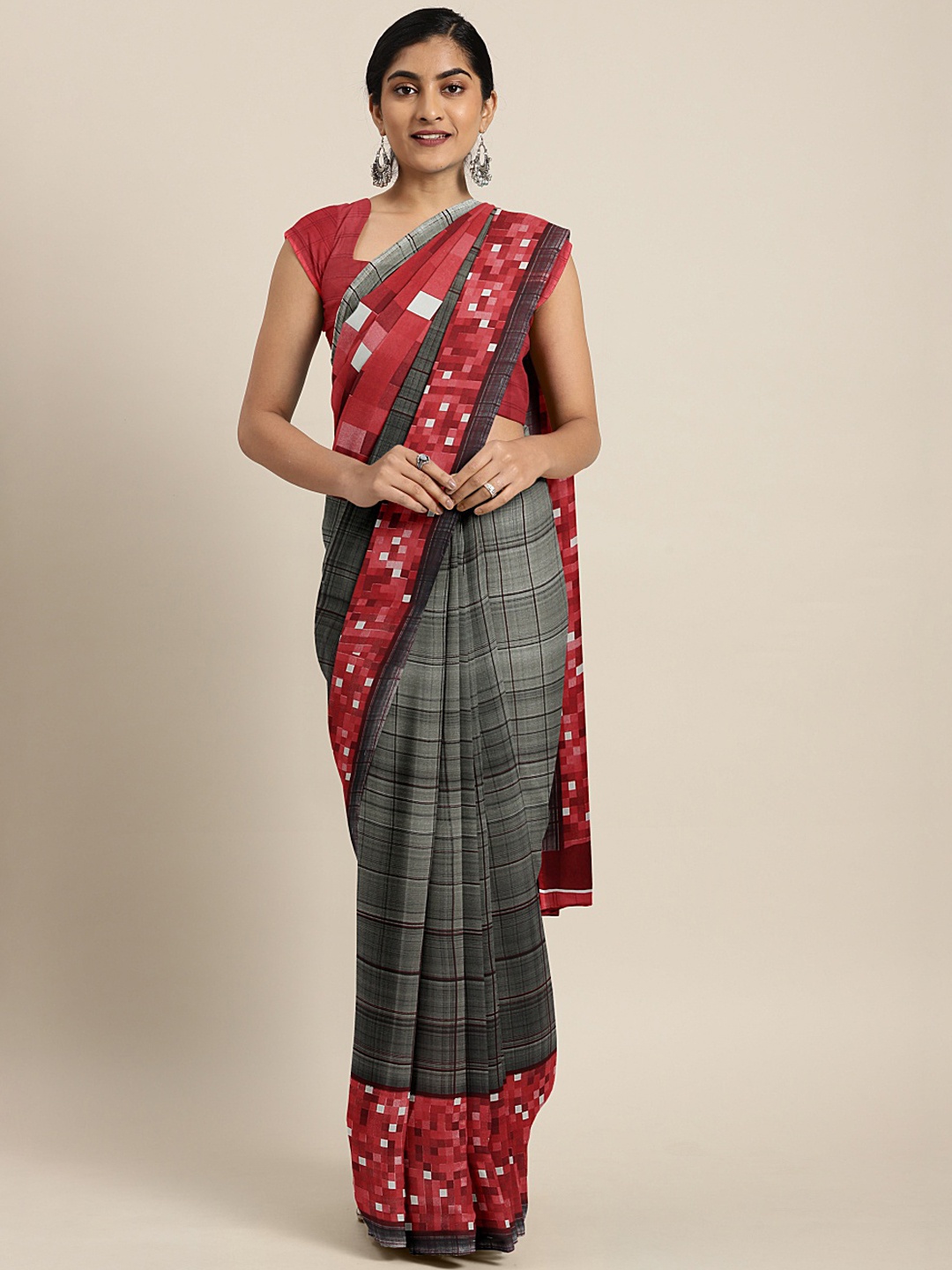 

KALINI Grey & Red Poly Georgette Checked Saree