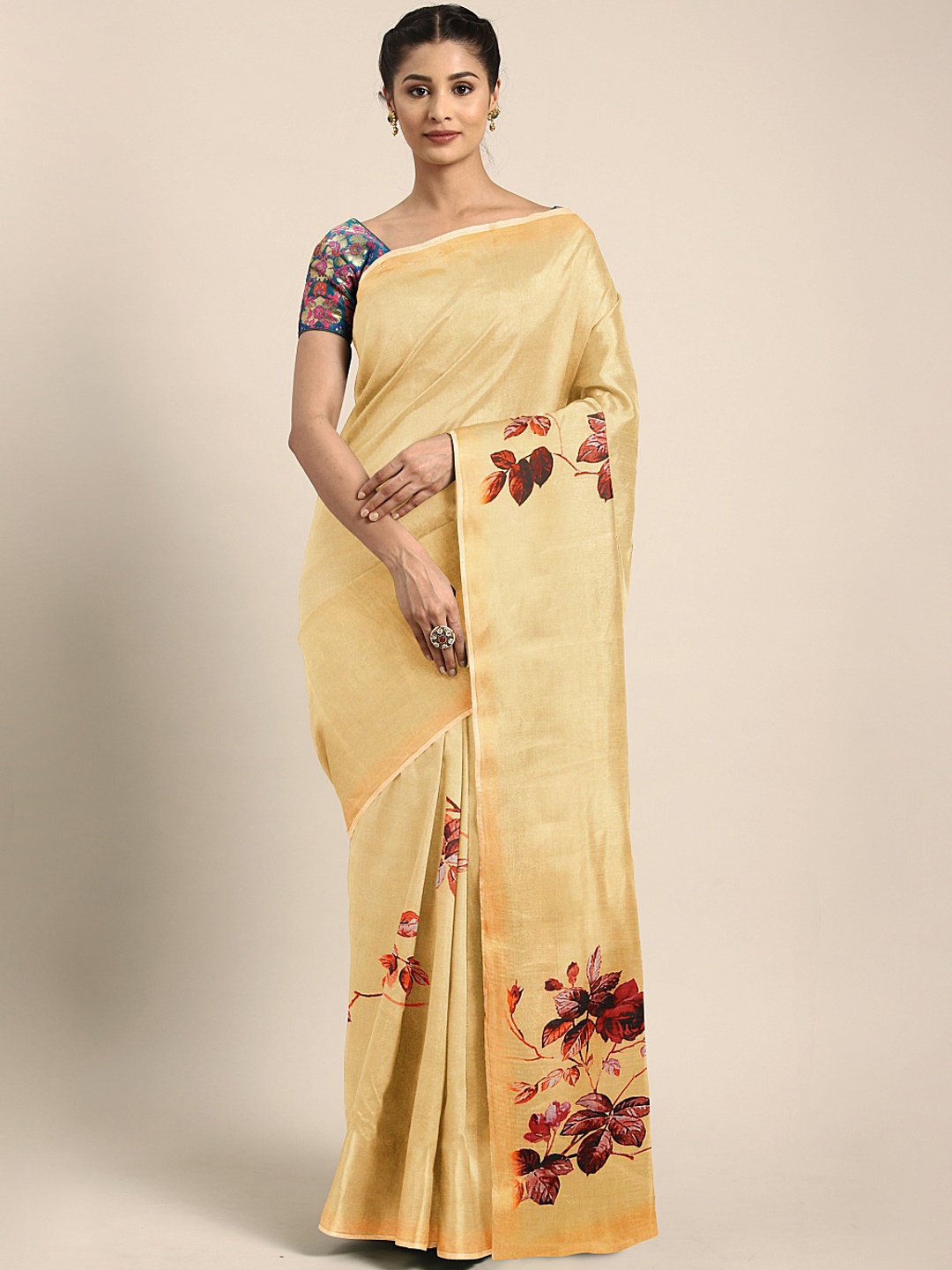 

Mitera Yellow & Maroon Organza Floral Printed Saree