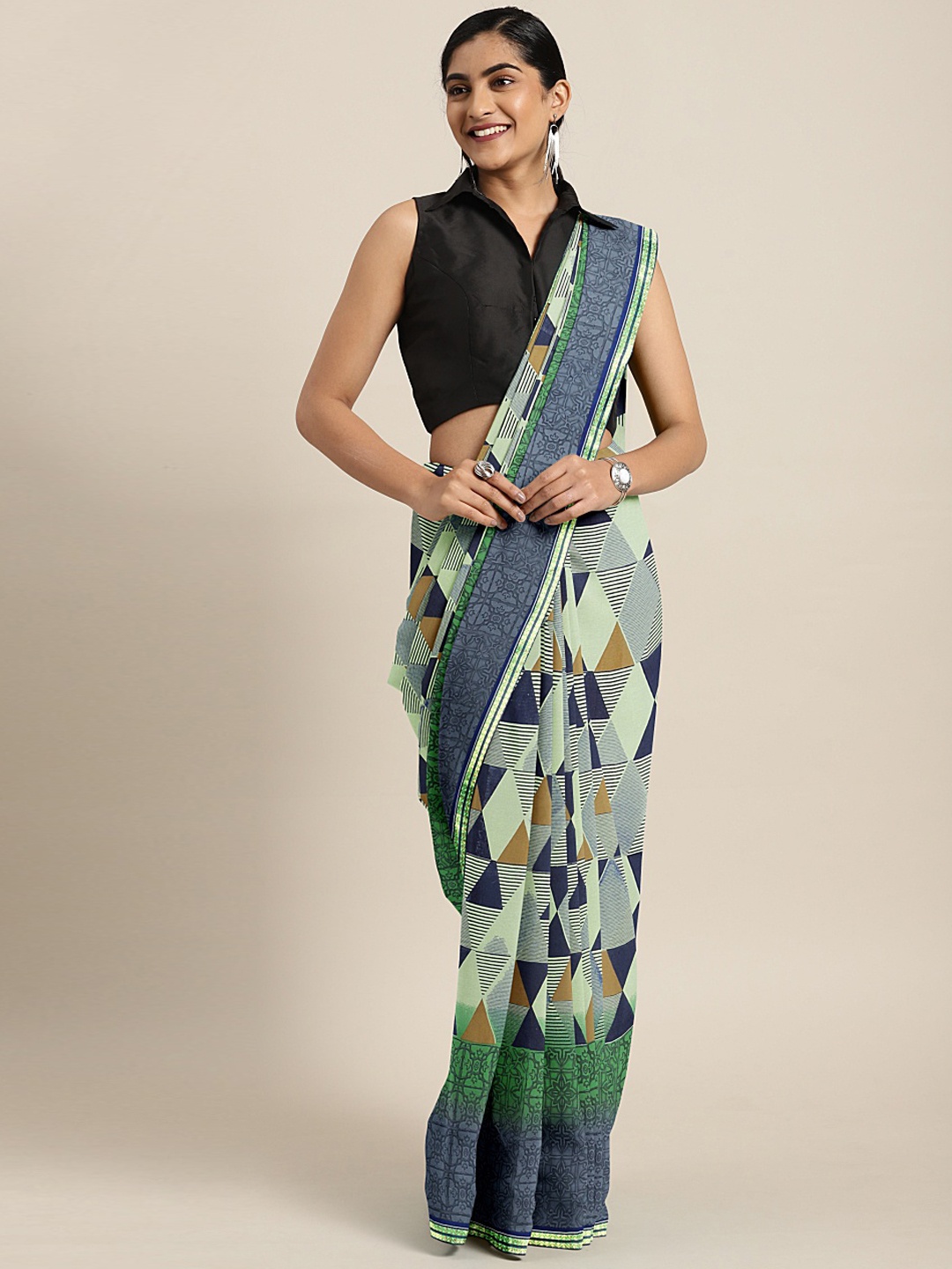 

Mitera Green & Navy Blue Poly Georgette Geometric Printed Saree