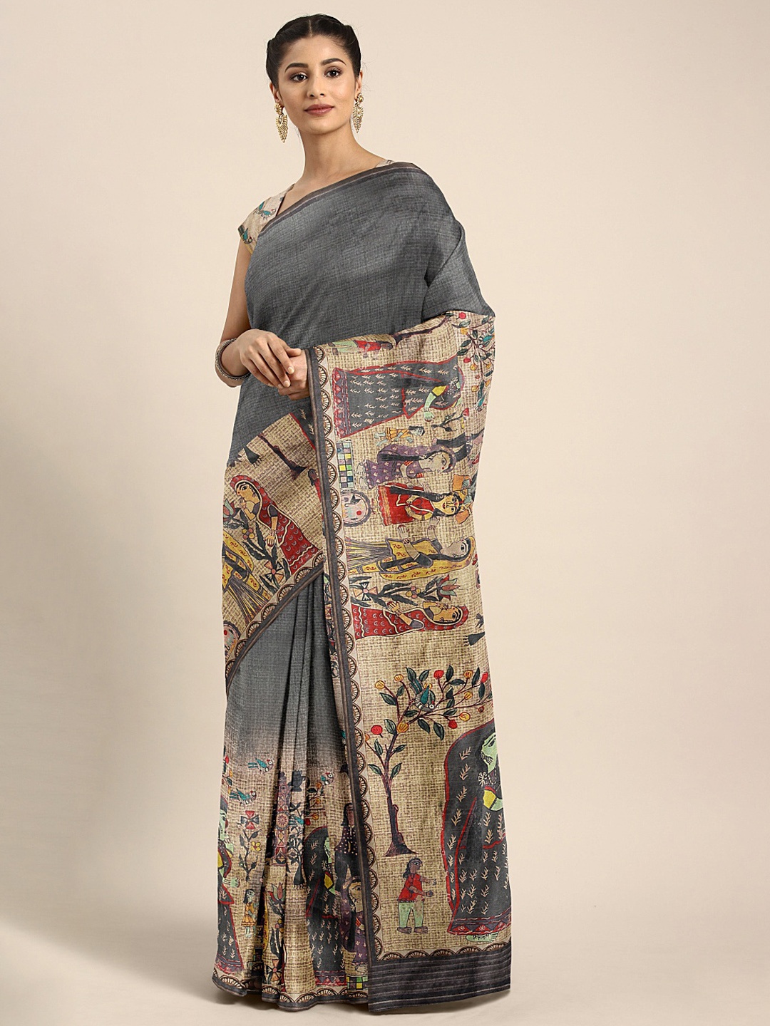 

KALINI Grey & Beige Silk Blend Printed Saree