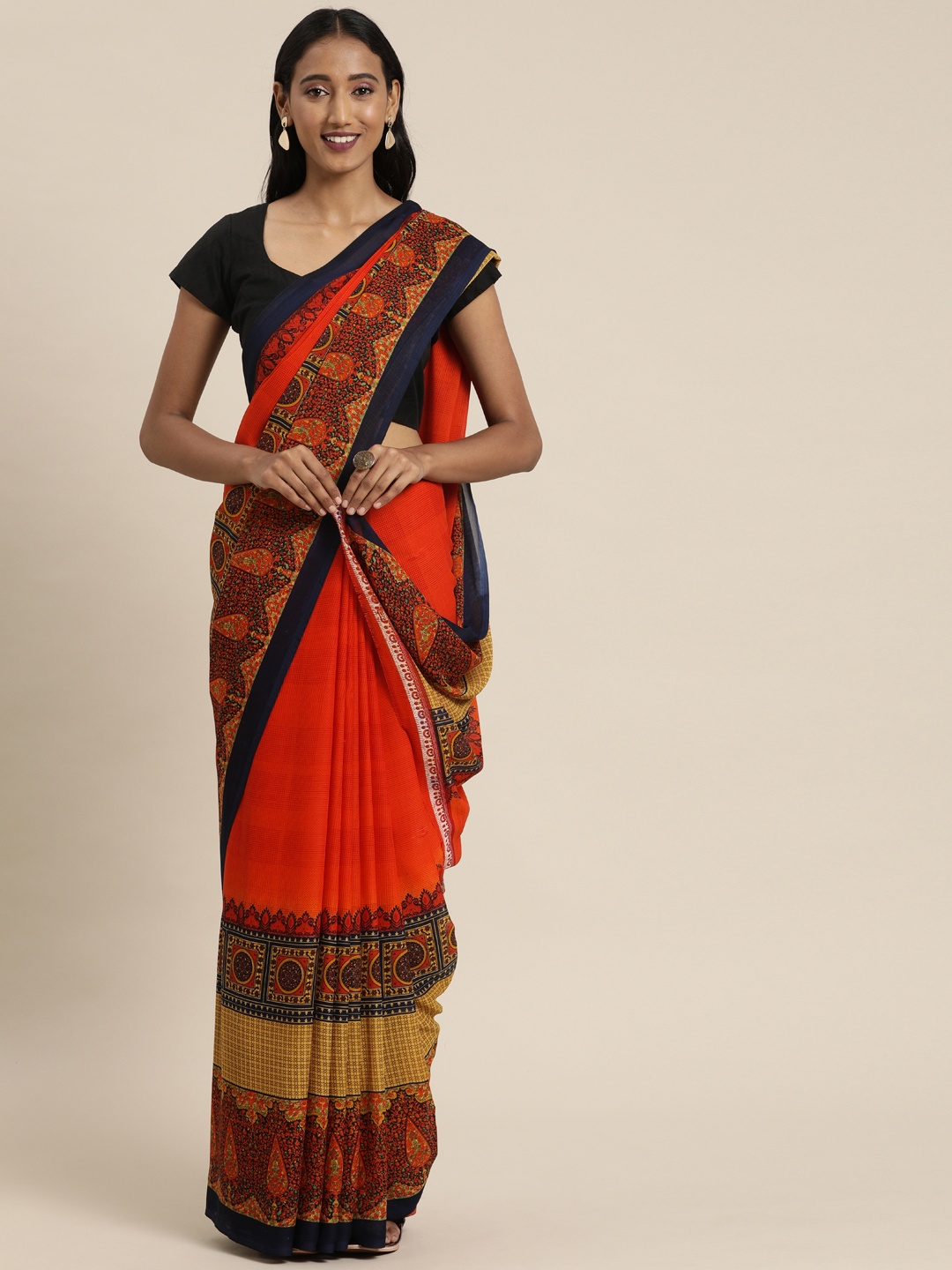 

KALINI Red Checked Poly Georgette Saree