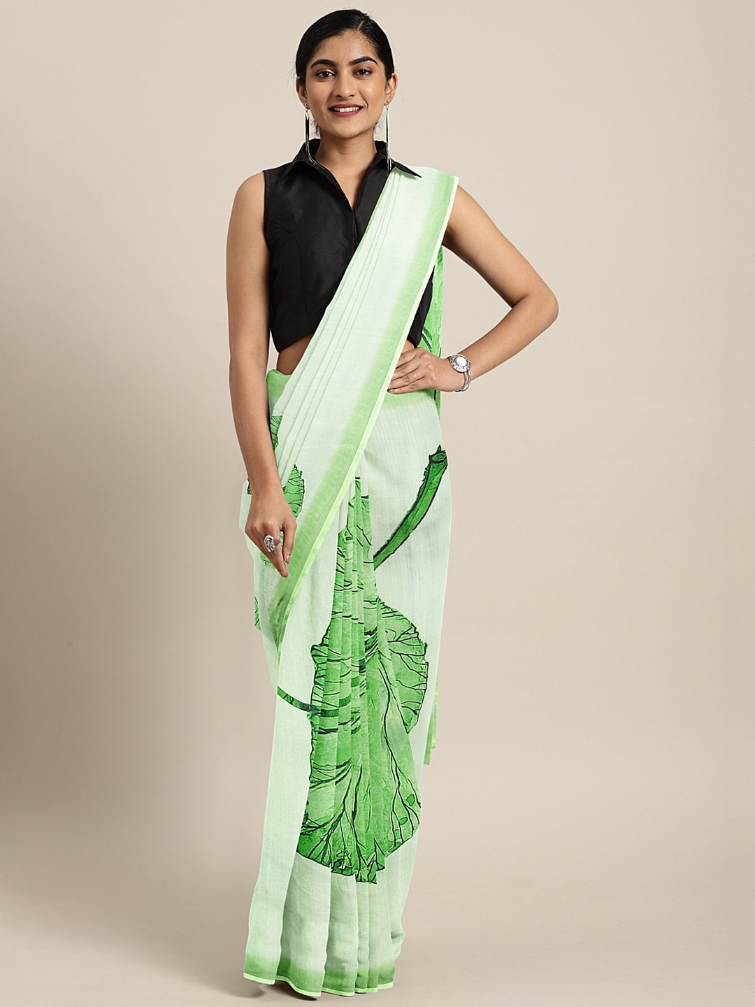 

Mitera Off-White & Green Organza Floral Printed Saree