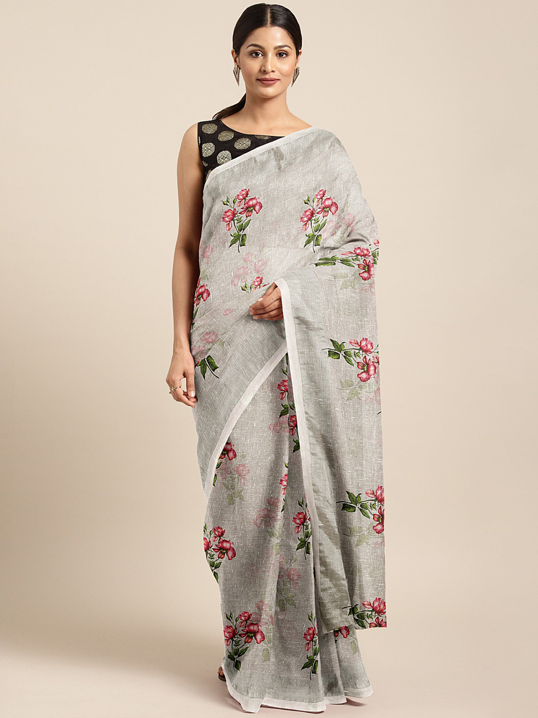 

Mitera Grey & Pink Linen Blend Printed Saree