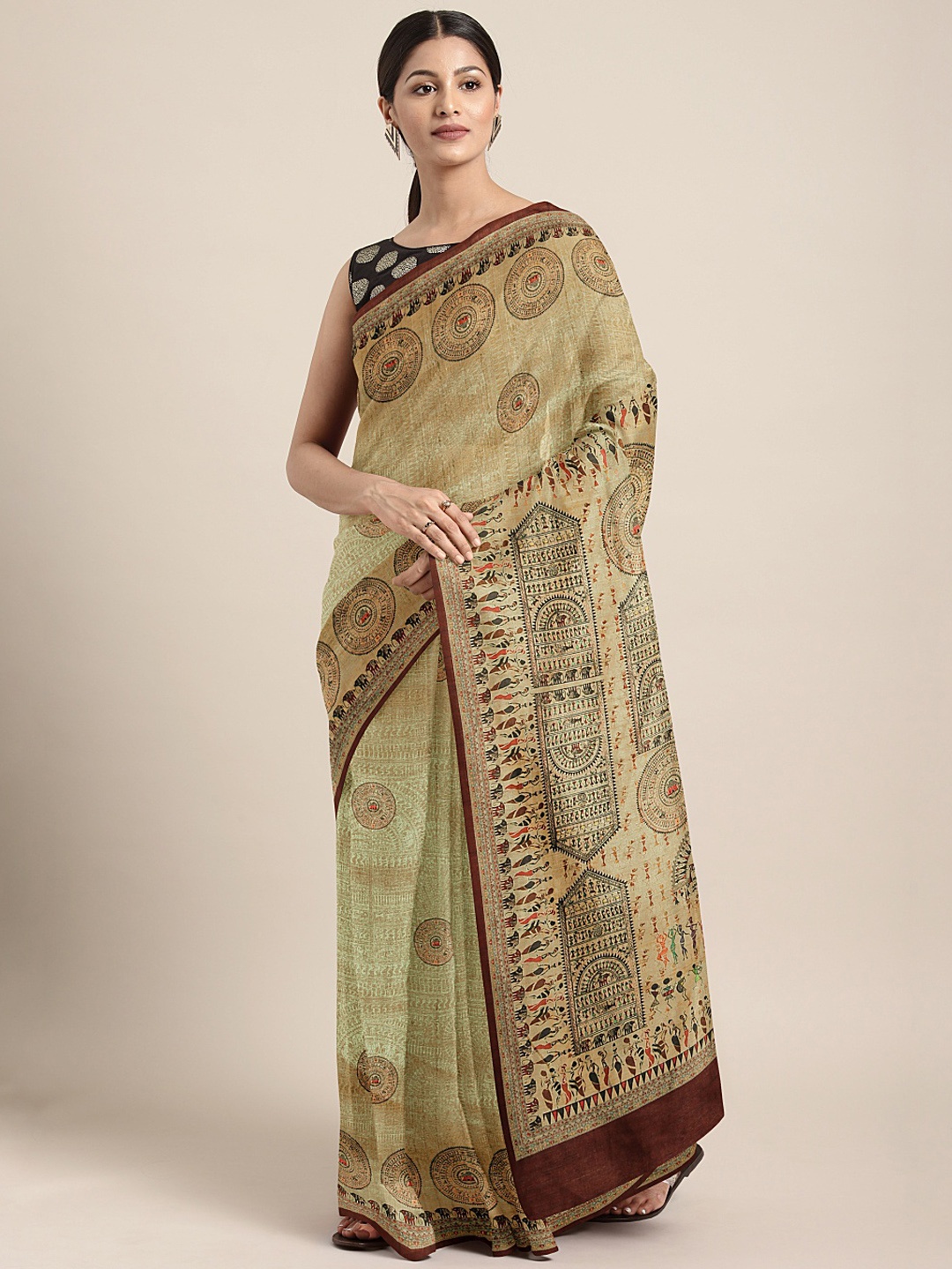 

Mitera Beige & Brown Silk Blend Warli Printed Saree