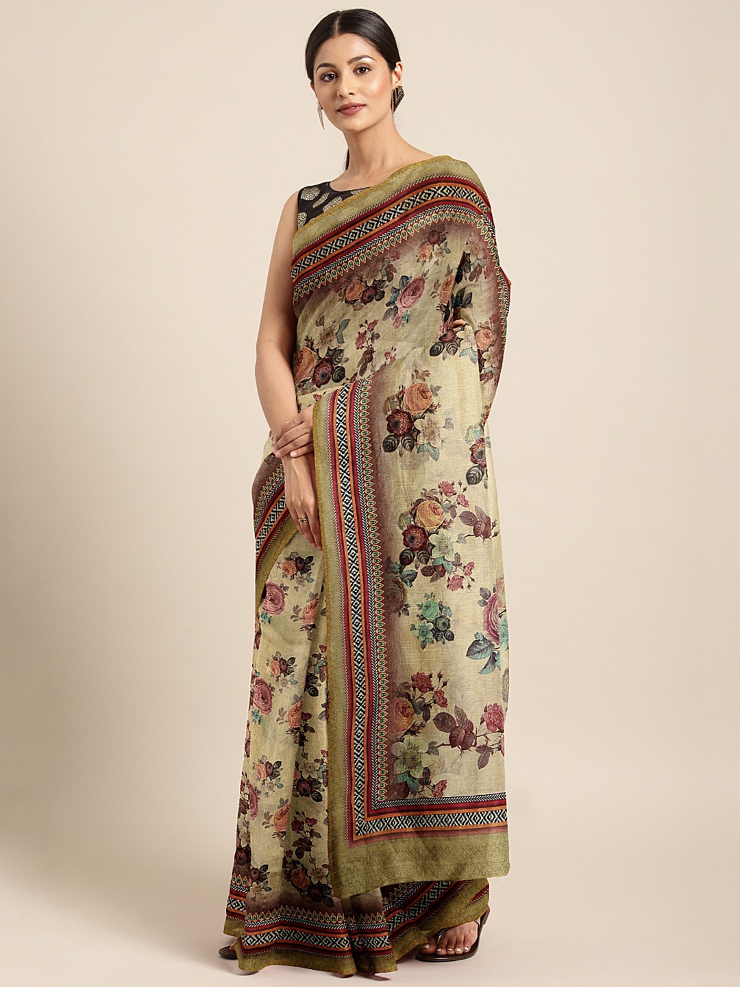 

Mitera Beige & Brown Silk Blend Floral Printed Saree