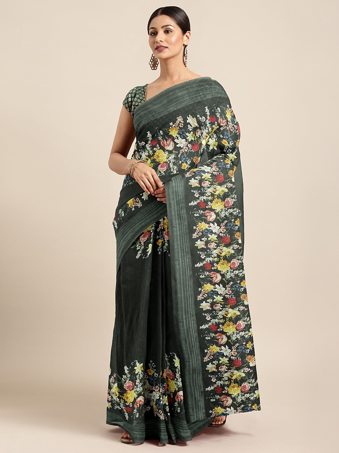 

Mitera Green & Yellow Linen Blend Printed Saree