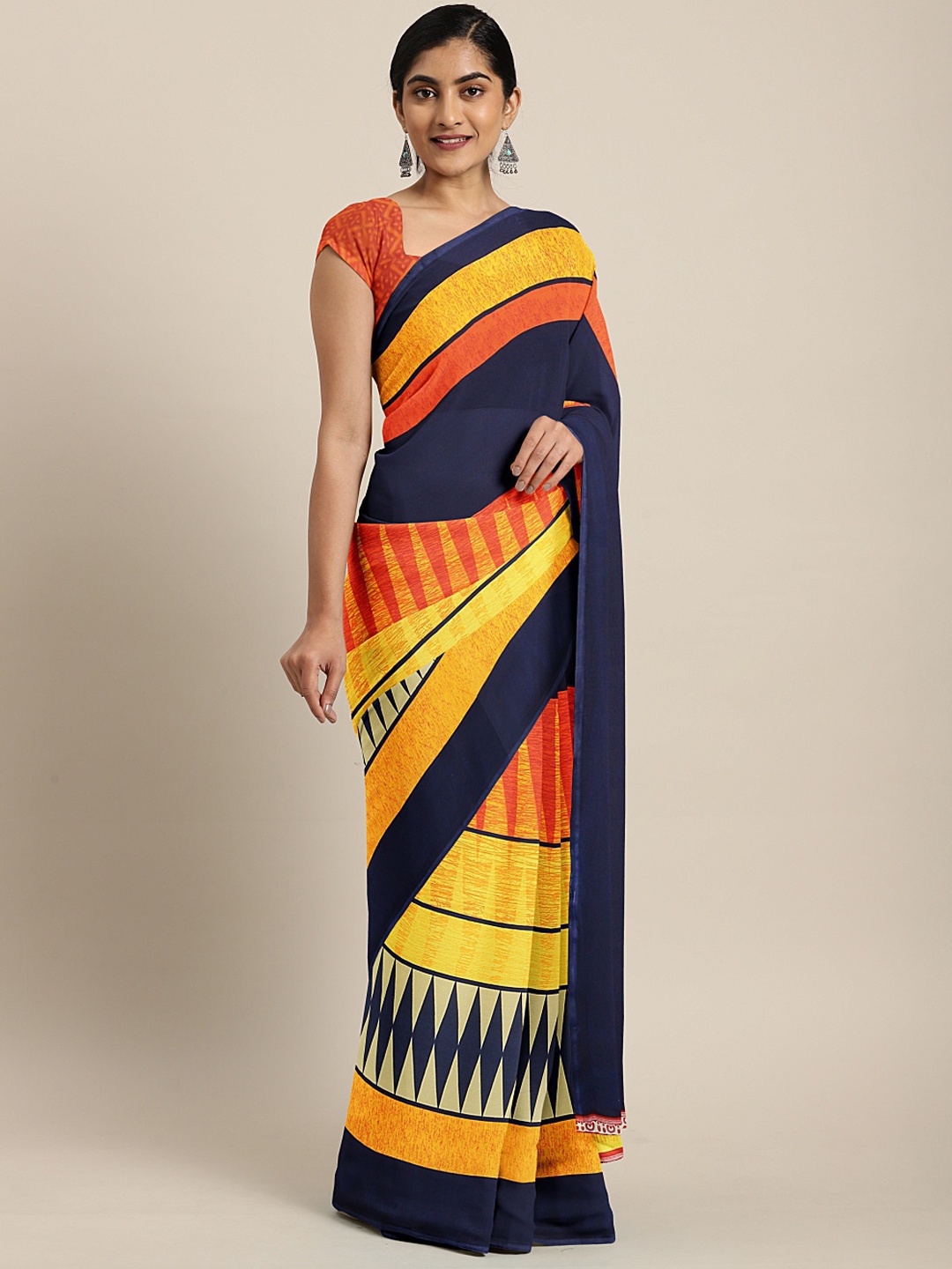 

KALINI Yellow & Navy Blue Poly Georgette Printed Saree