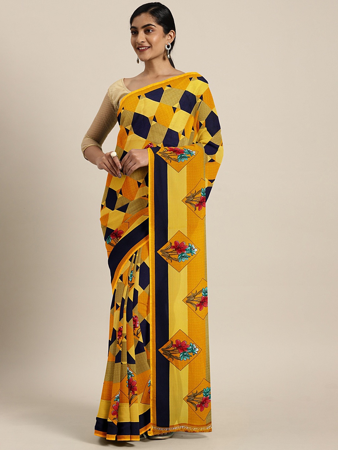 

KALINI Mustard Yellow & Blue Poly Georgette Checked Saree