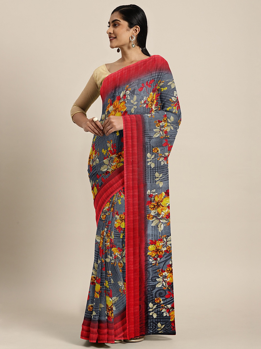 

KALINI Grey & Mustard Yellow Poly Georgette Floral Printed Saree
