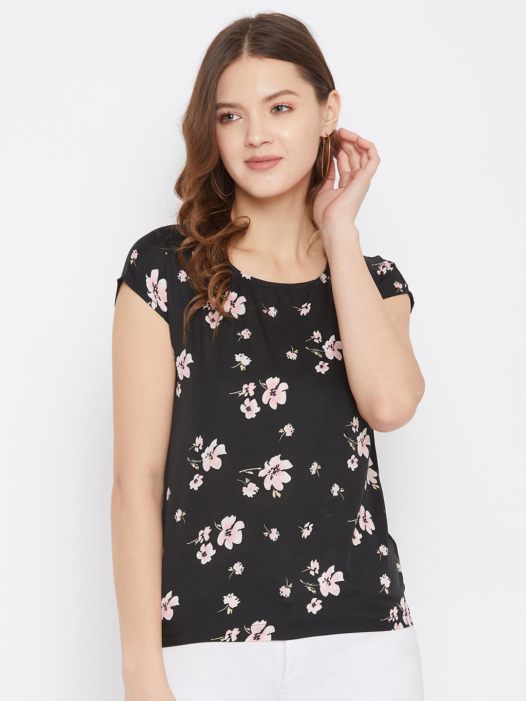 

PURYS Women Black Floral Printed Top