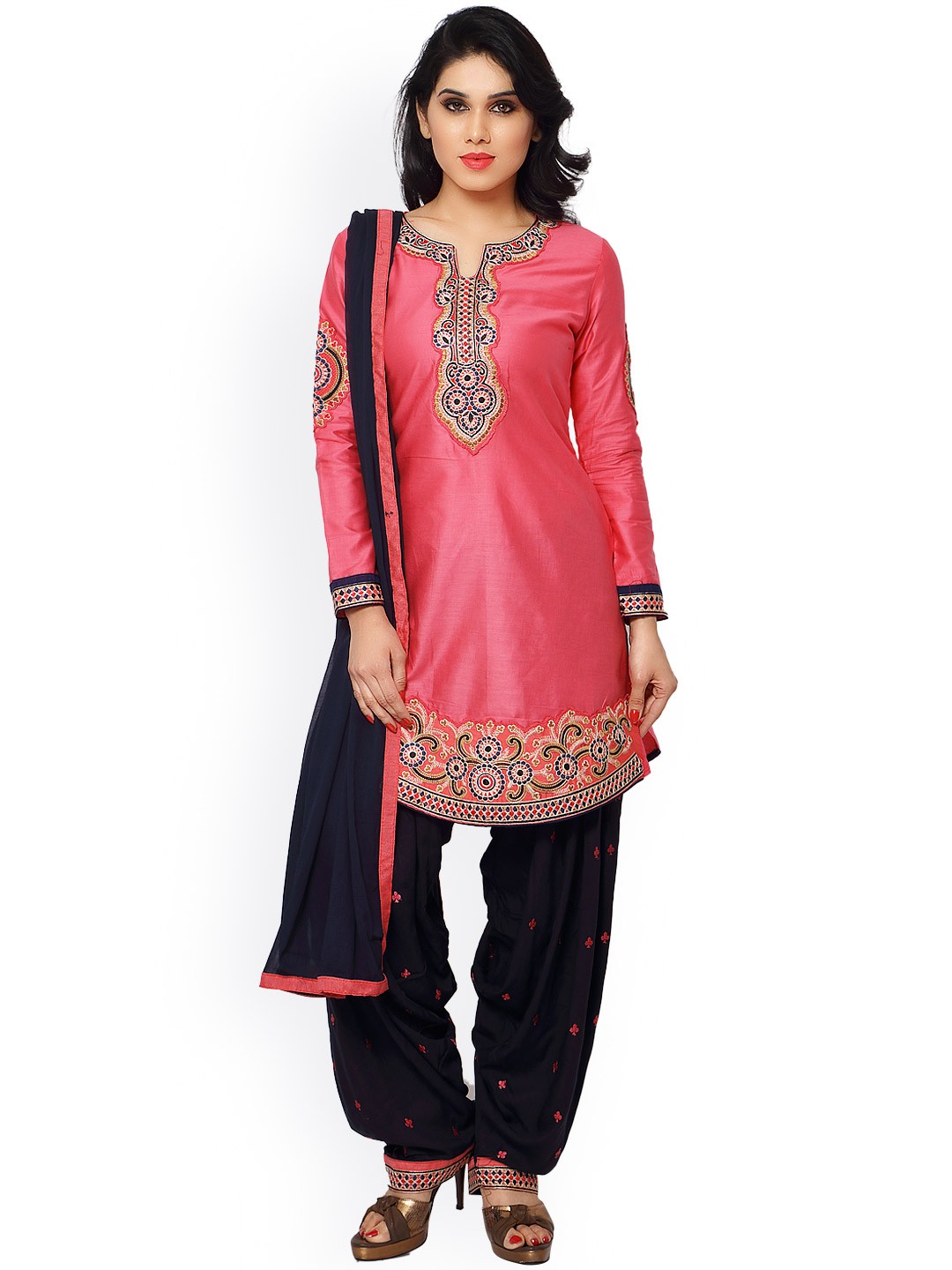 

Saree mall Pink & Navy Embroidered Cotton & Satin Unstitched Dress Material