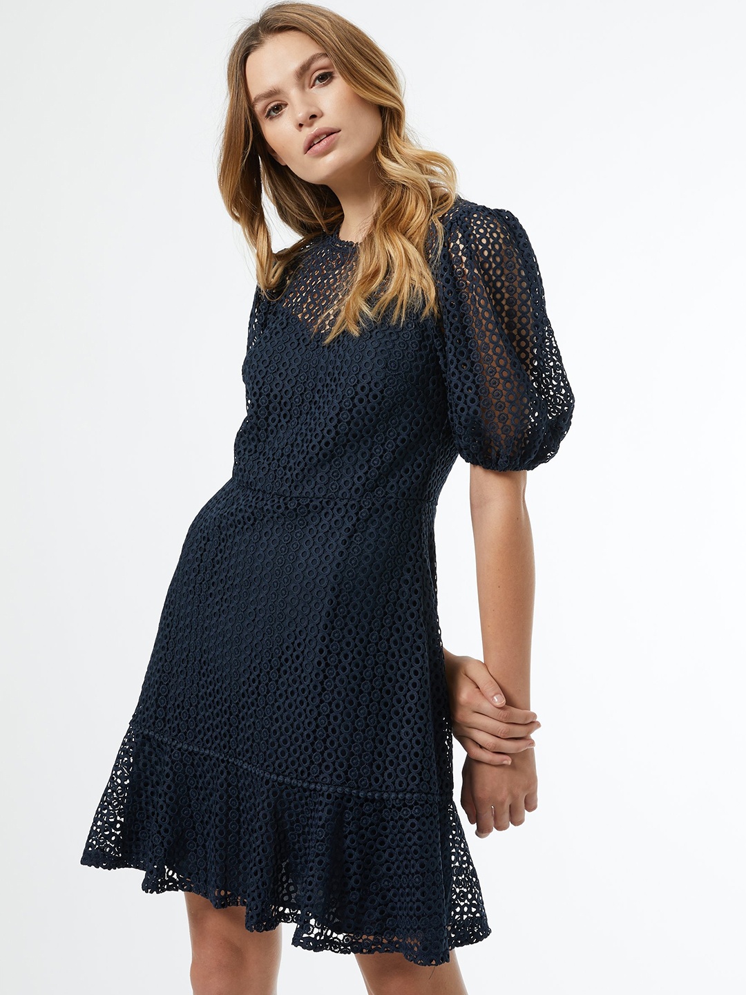 

DOROTHY PERKINS Women Navy Blue Schiffli Embroidered A-Line Dress