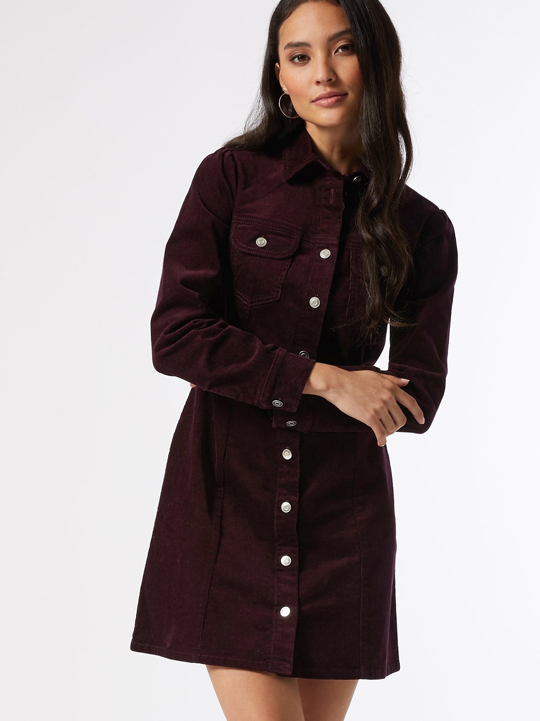

DOROTHY PERKINS Petite Women Burgundy Corduroy Solid Shirt Dress