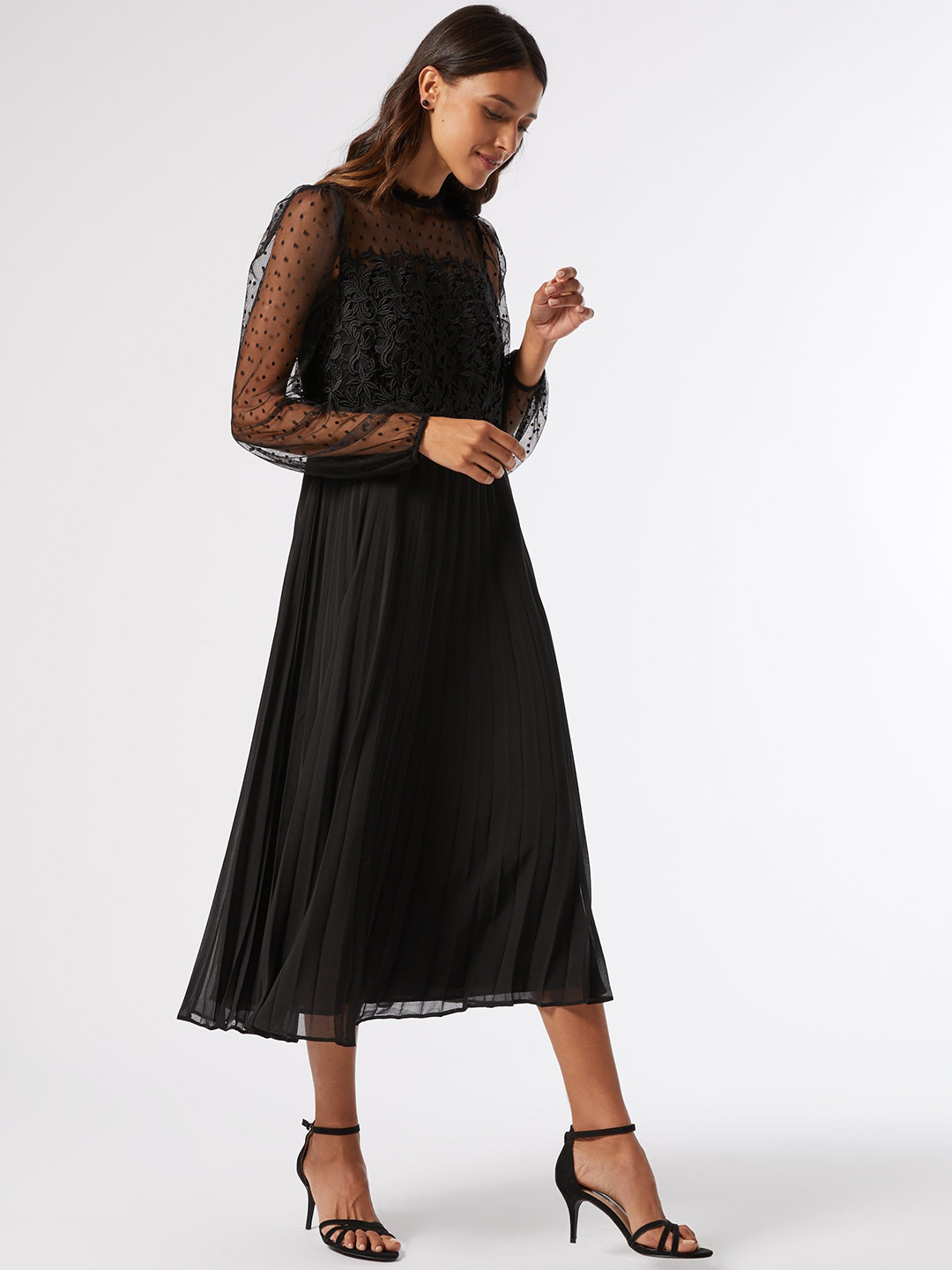 

DOROTHY PERKINS Women Black Semi-Sheer Accordion Pleats A-Line Dress
