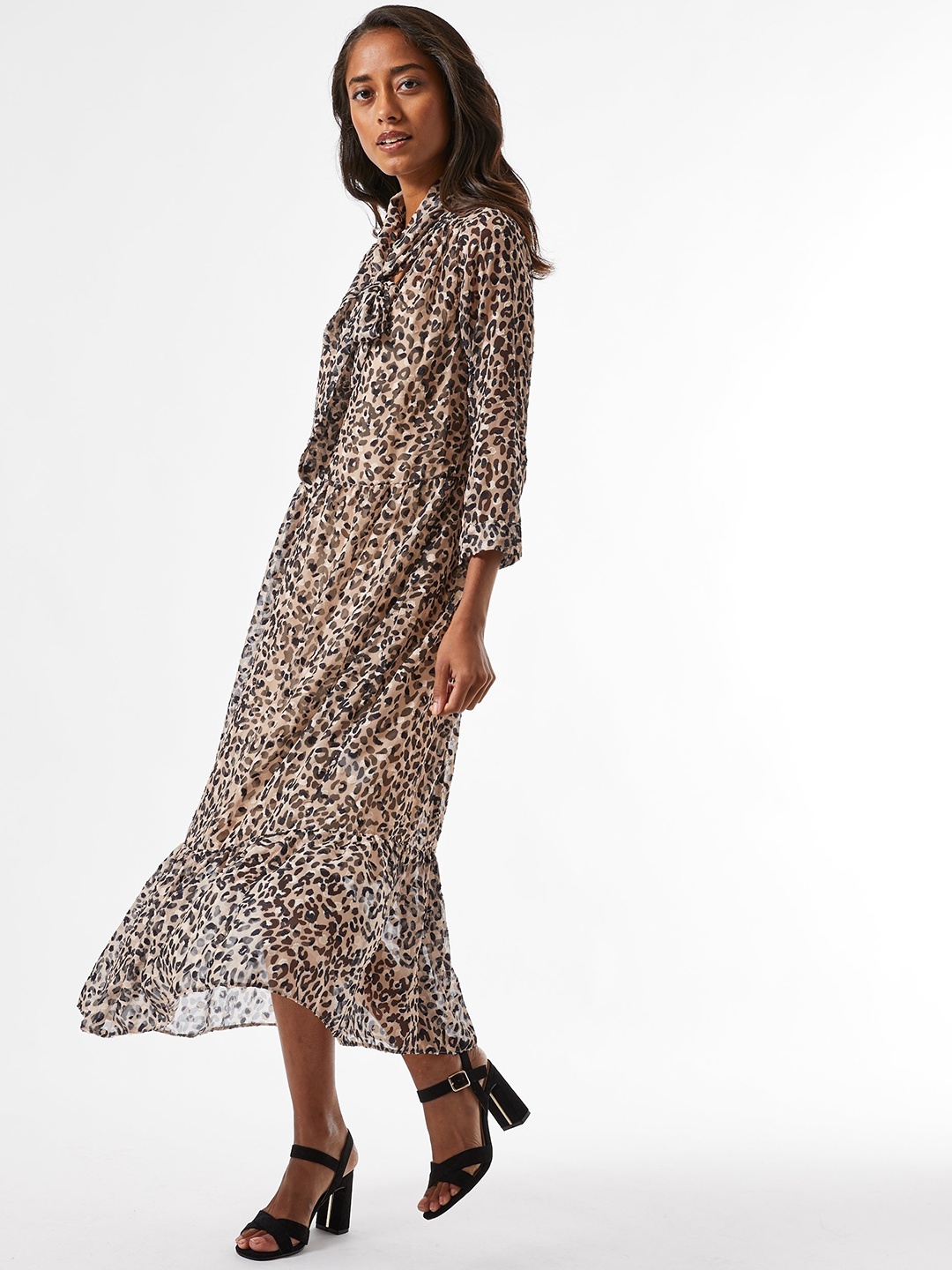 

DOROTHY PERKINS Women Petite Beige & Black Animal Print Petite Tiered A-Line Dress