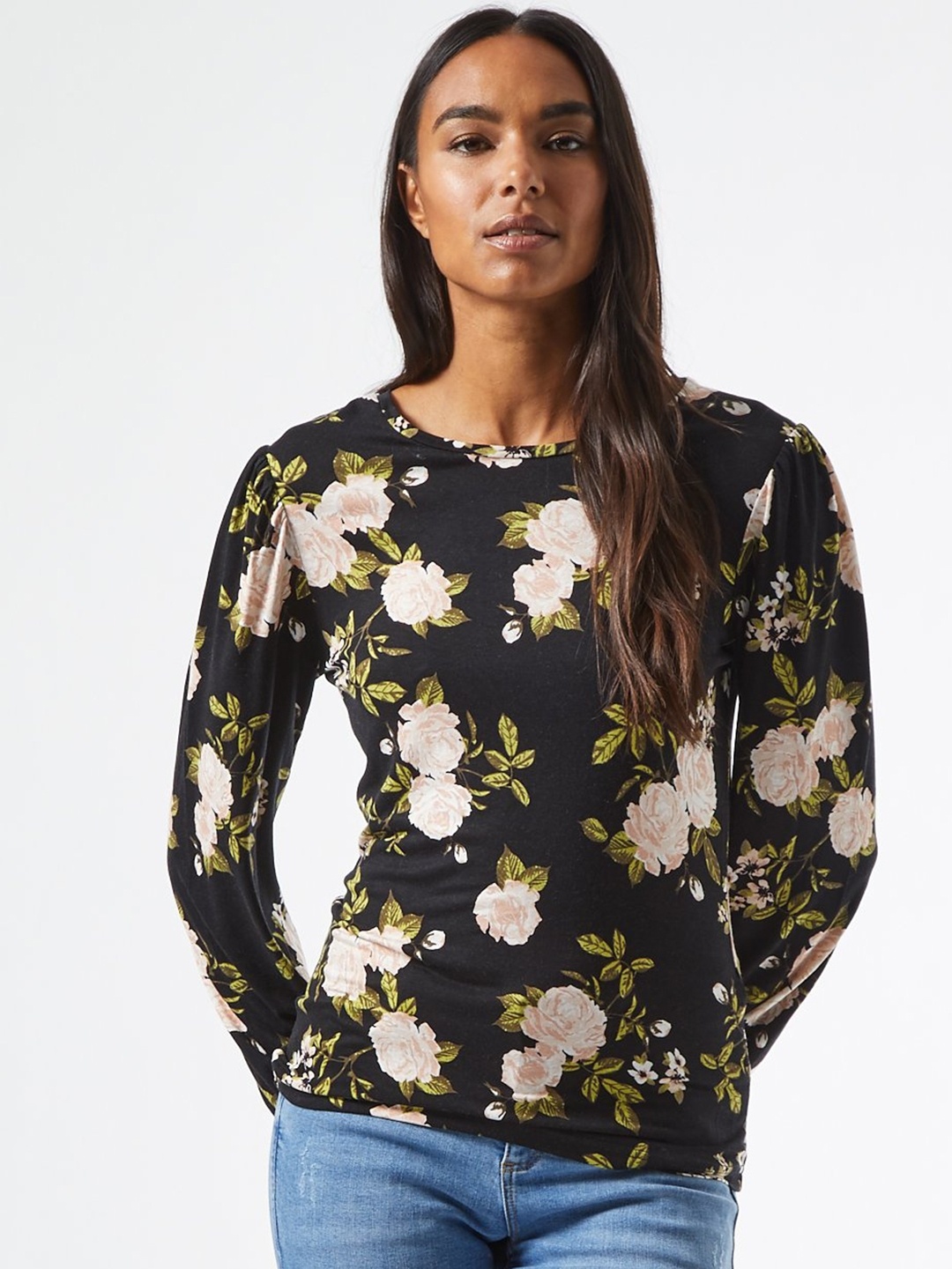 

DOROTHY PERKINS Women Black & Peach-Coloured Floral Printed Top