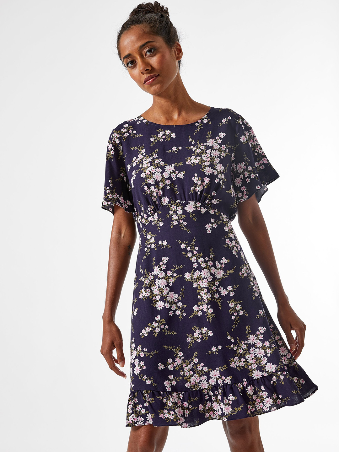 

DOROTHY PERKINS Women Petite Navy Blue & Pink Floral Print A-Line Dress