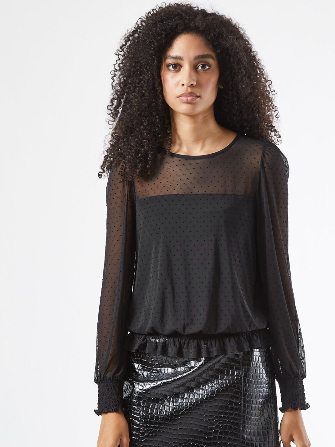 

DOROTHY PERKINS Women Black Self Design Semi-Sheer Blouson Top