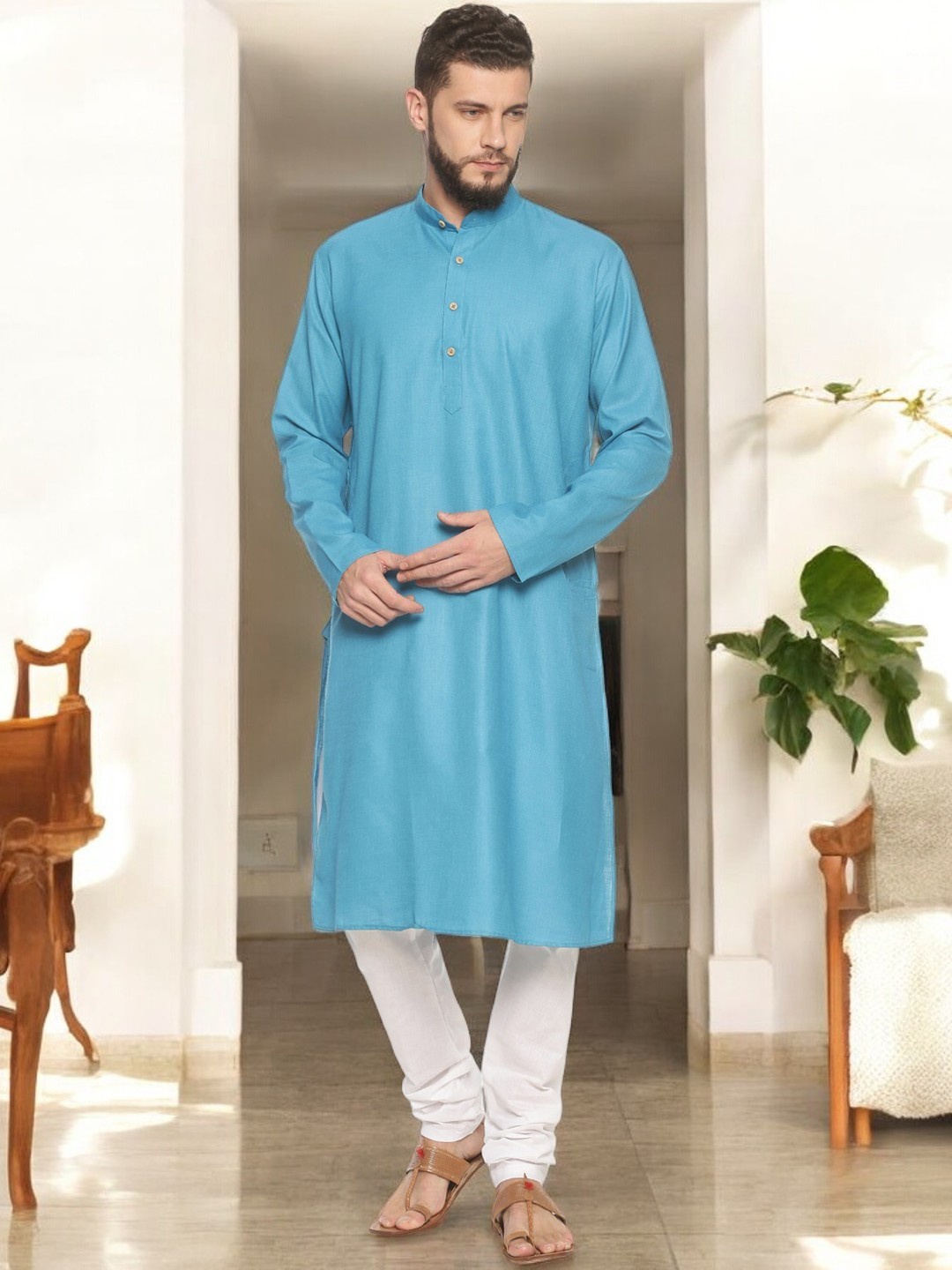 

TATTVA Men Sea Green Solid Straight Kurta