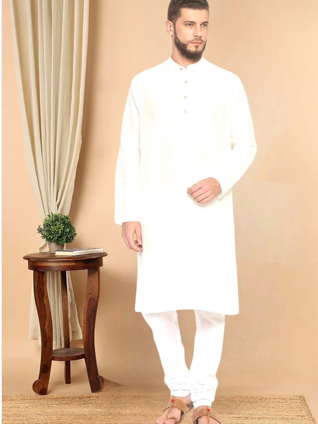 

TATTVA Men Cream-Coloured & White Woven Design Straight Kurta