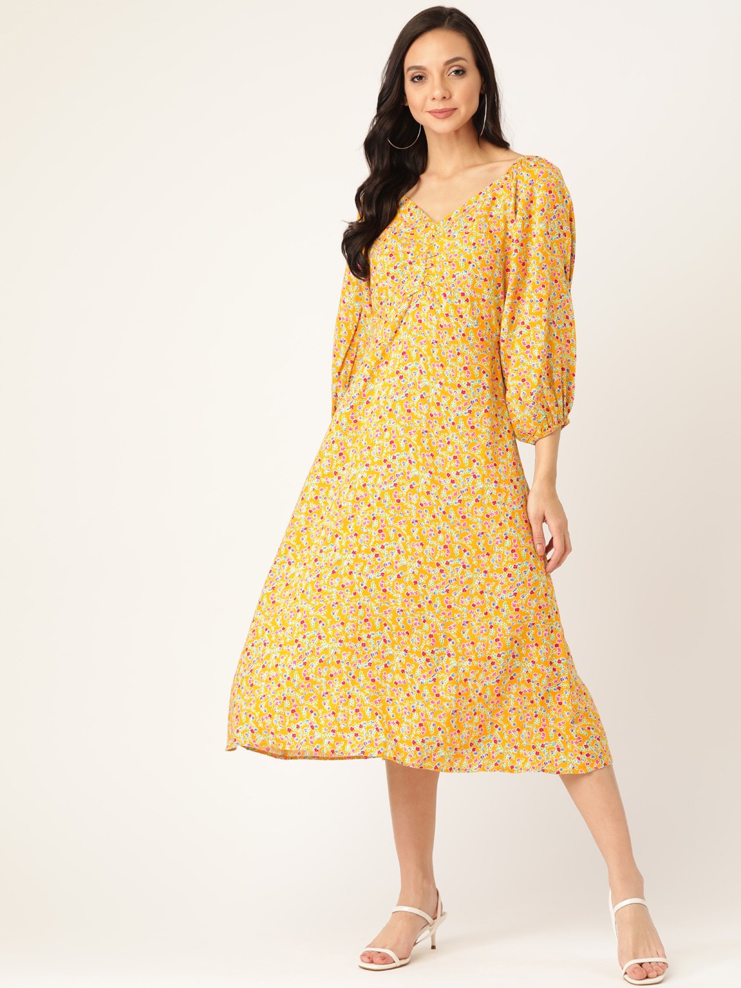 

20Dresses Women Yellow & Pink Floral Printed A-Line Dress