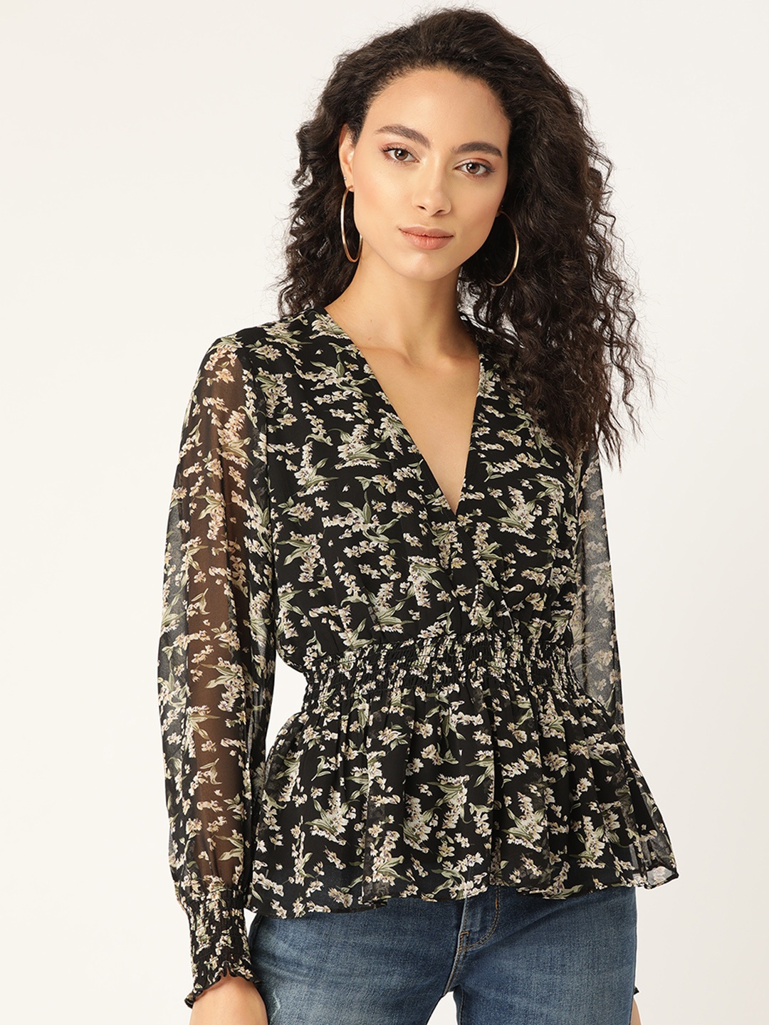

20Dresses Women Black & Off-White Floral Print Cinched Waist Top