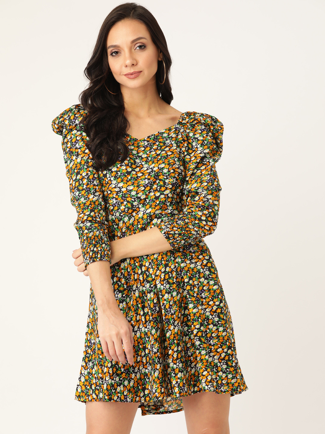 

20Dresses Women Black & Mustard Yellow Floral Printed A-Line Dress