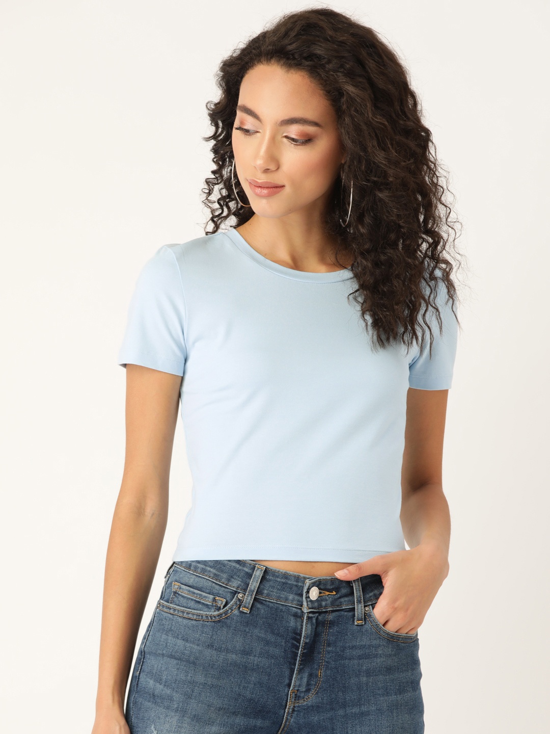 

20Dresses Women Blue Solid Round Neck T-shirt