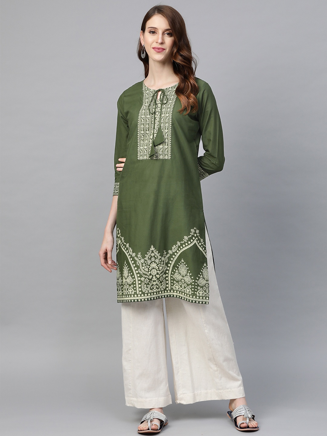

Meeranshi Women Olive Green & Cream-Coloured Block Print Straight Kurta