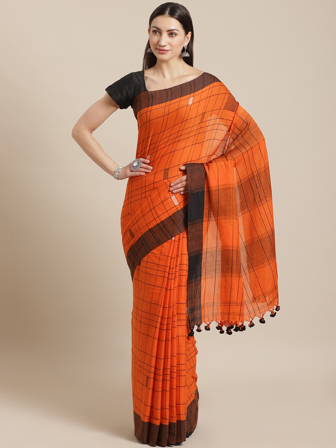 

Kalakari India Orange & Black Pure Cotton Handloom Checked Sustainable Saree