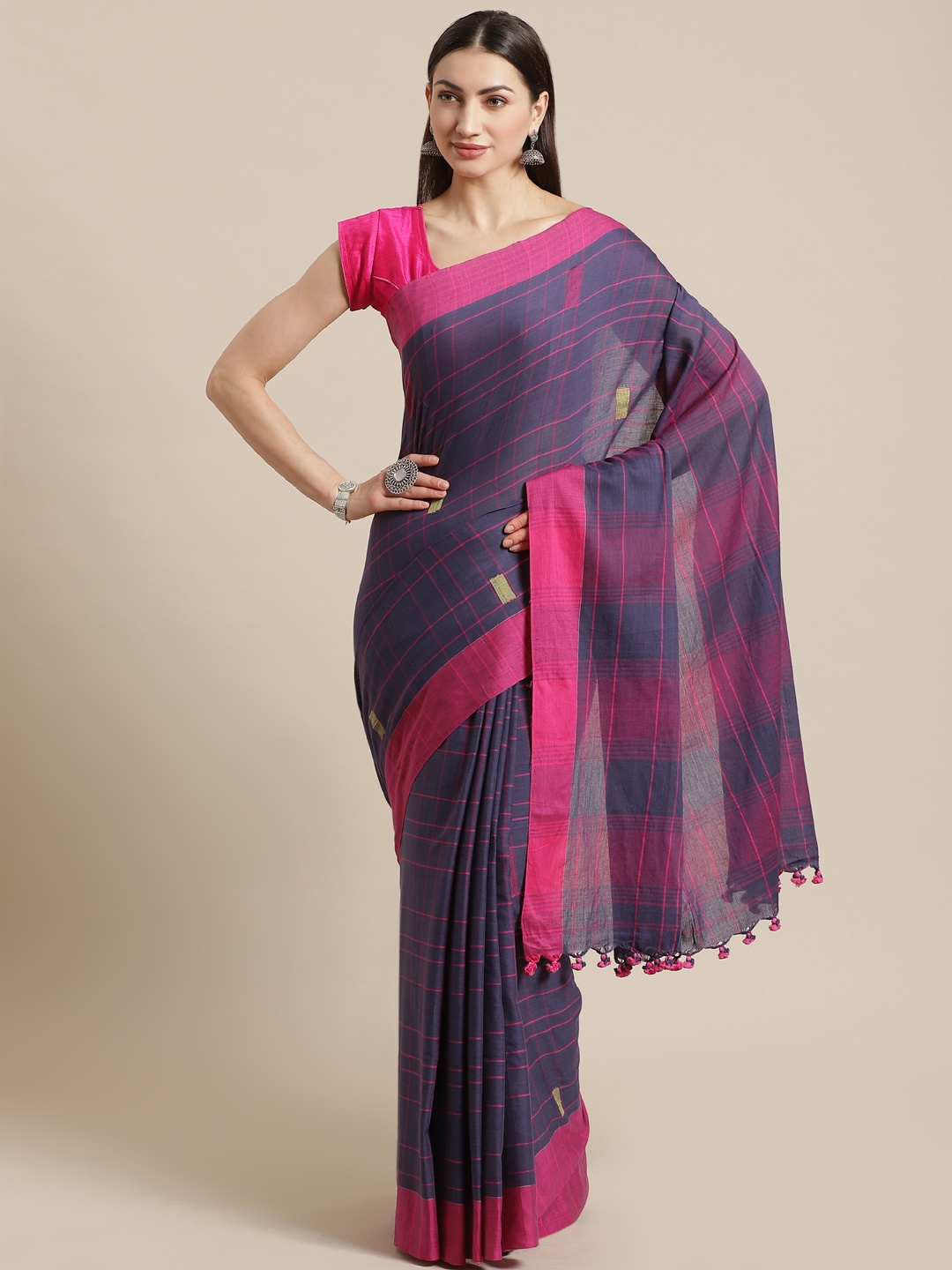 

Kalakari India Purple & Pink Pure Cotton Checked Handloom Sustainable Saree