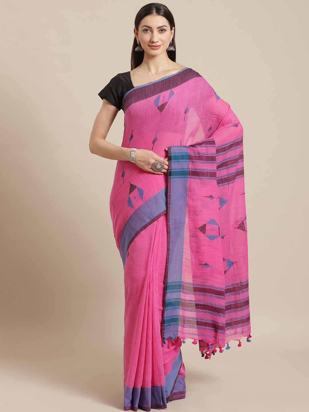 

Kalakari India Pink & Blue Pure Cotton Handloom Woven Design Sustainable Saree