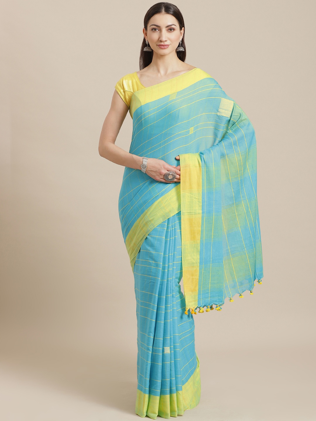 

Kalakari India Blue & Green Pure Cotton Checked Handloom Sustainable Saree