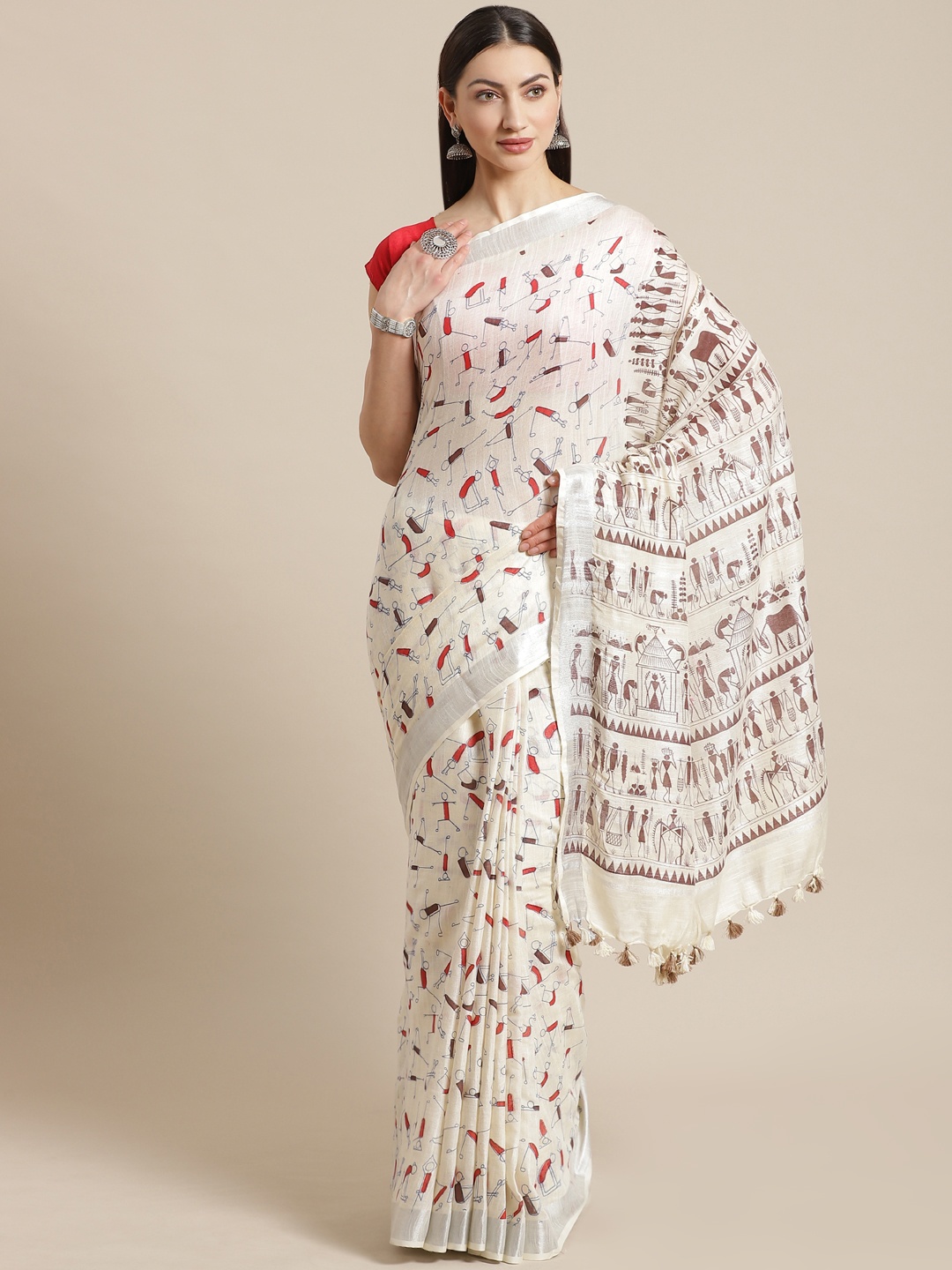 

Kalakari India Off-White & Brown Quirky Block Print Handloom Sustainable Saree