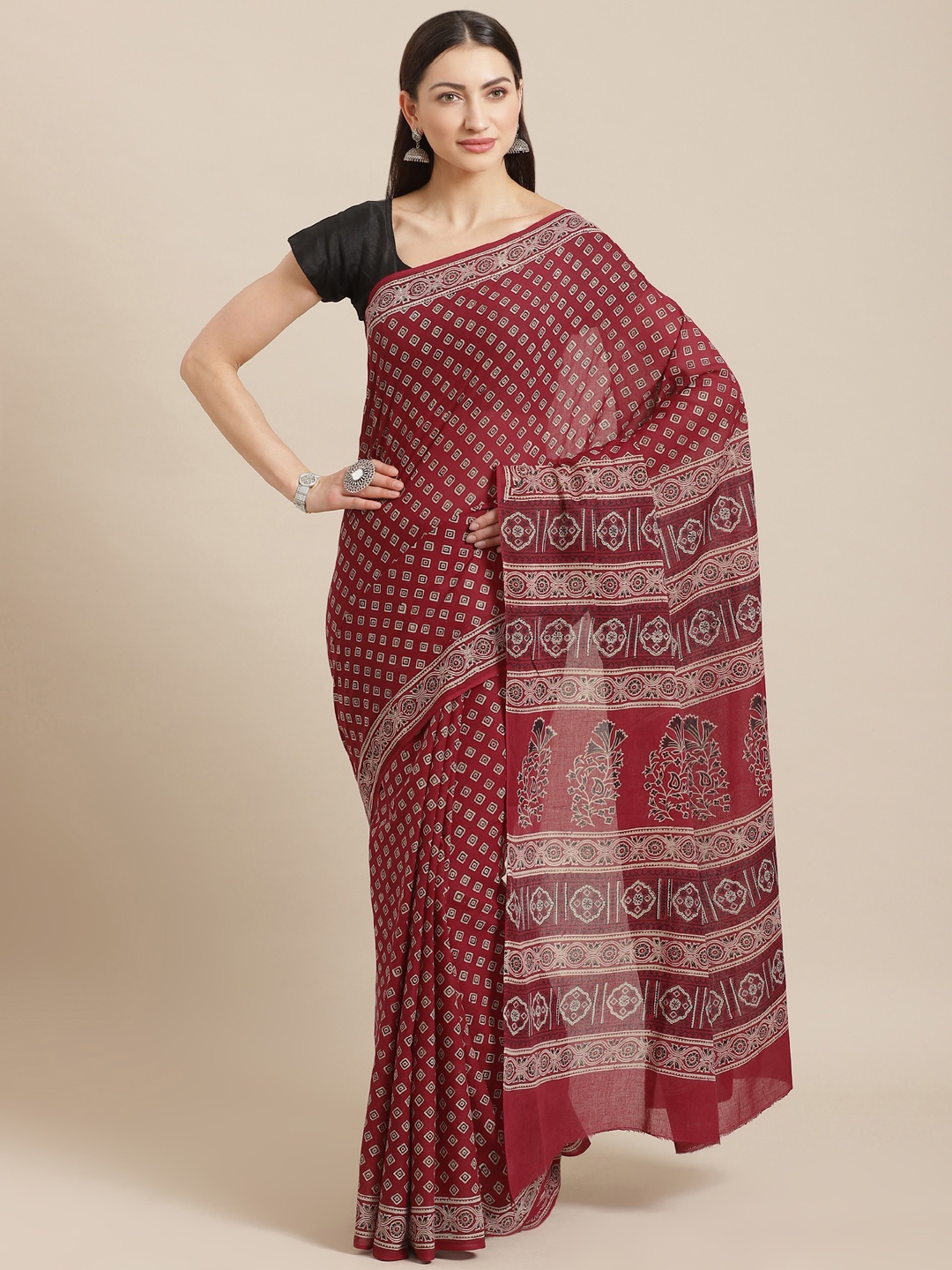 

Kalakari India Maroon & Grey Pure Cotton Block Print Sustainable Saree