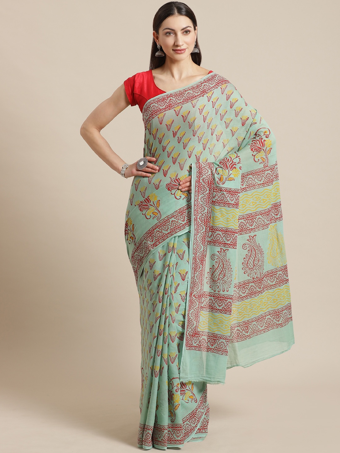 

Kalakari India Sea Green & Maroon Pure Cotton Block Print Sustainable Saree