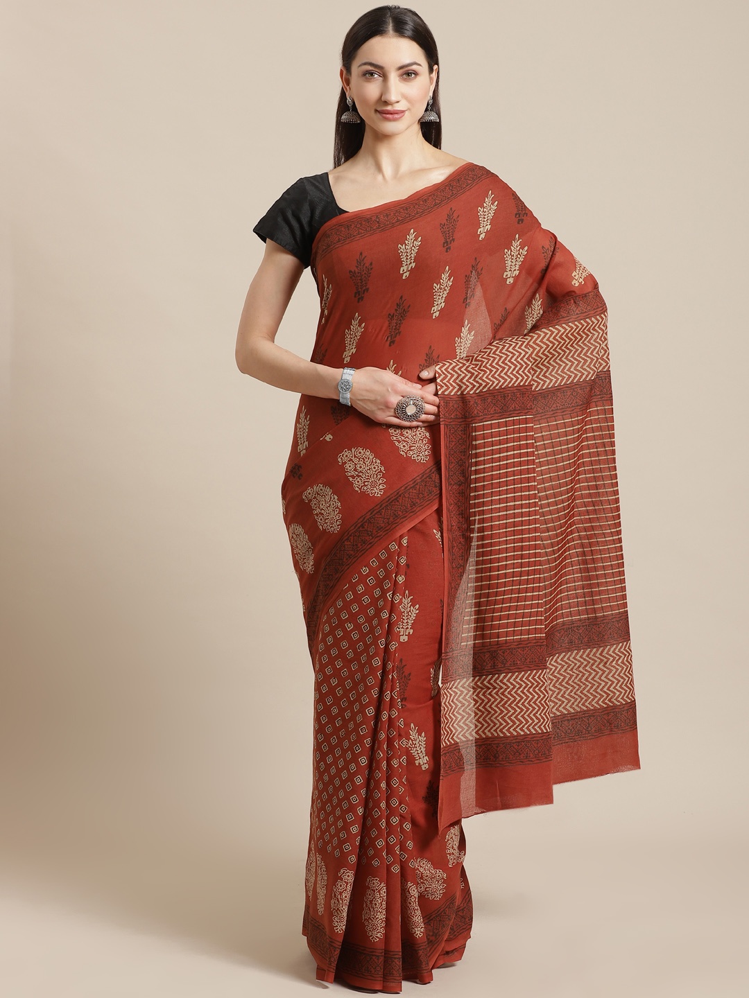

Kalakari India Rust Red & Off-White Pure Cotton Block Print Saree