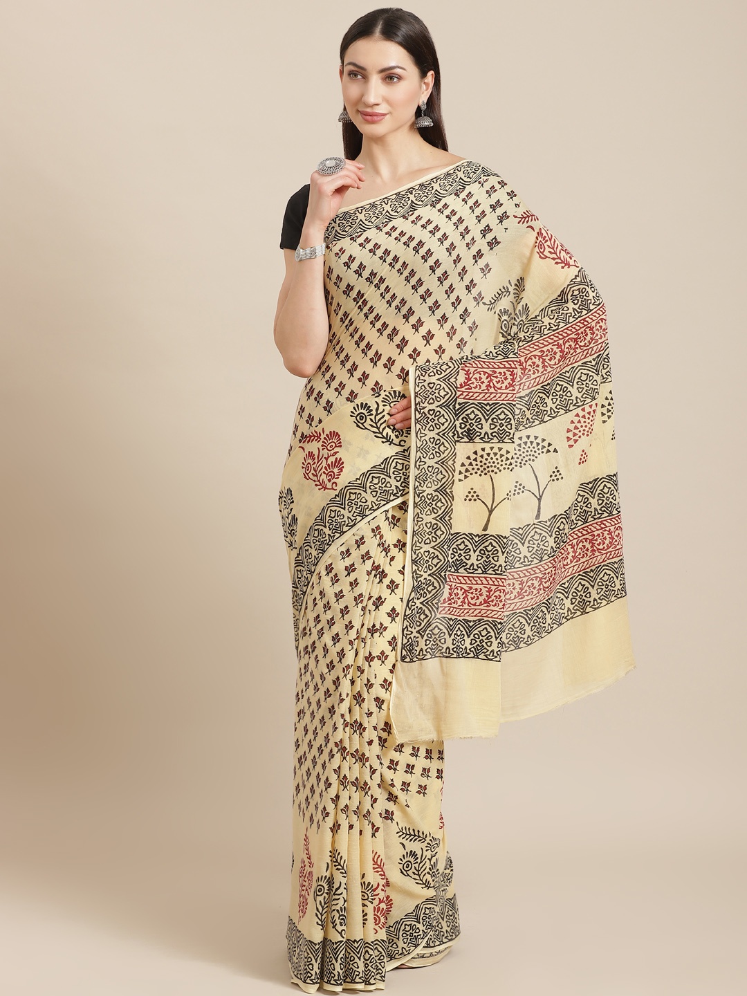 

Kalakari India Cream-Coloured & Black Pure Cotton Block Print Handloom Saree