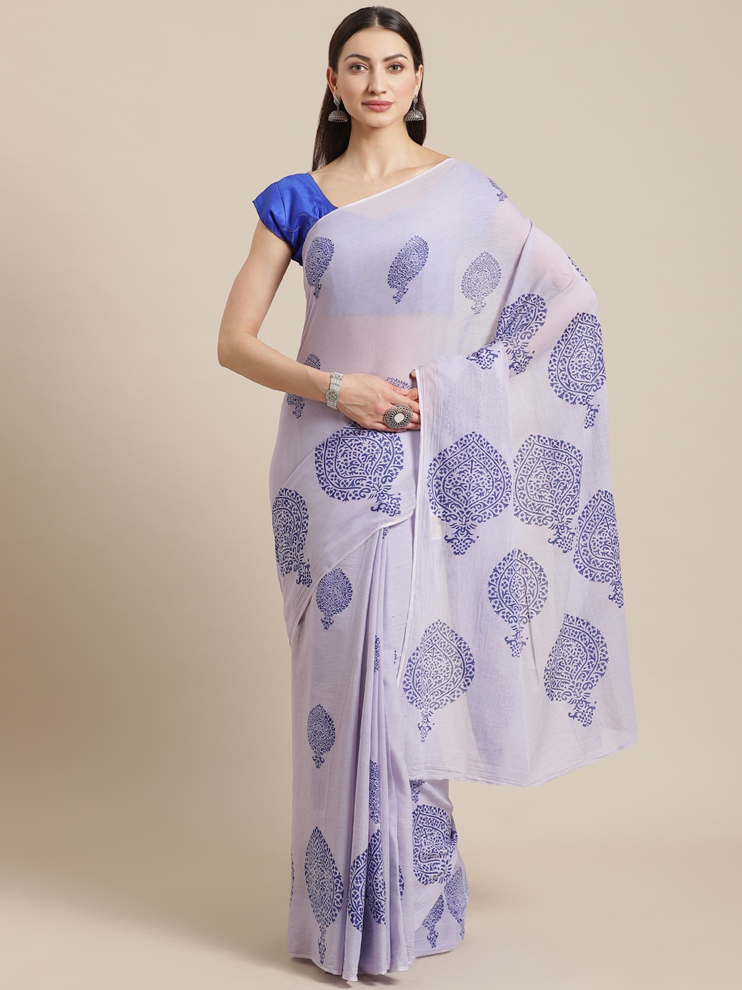 

Kalakari India Lavender & Blue Pure Cotton Printed Block Print Handloom Sustainable Saree