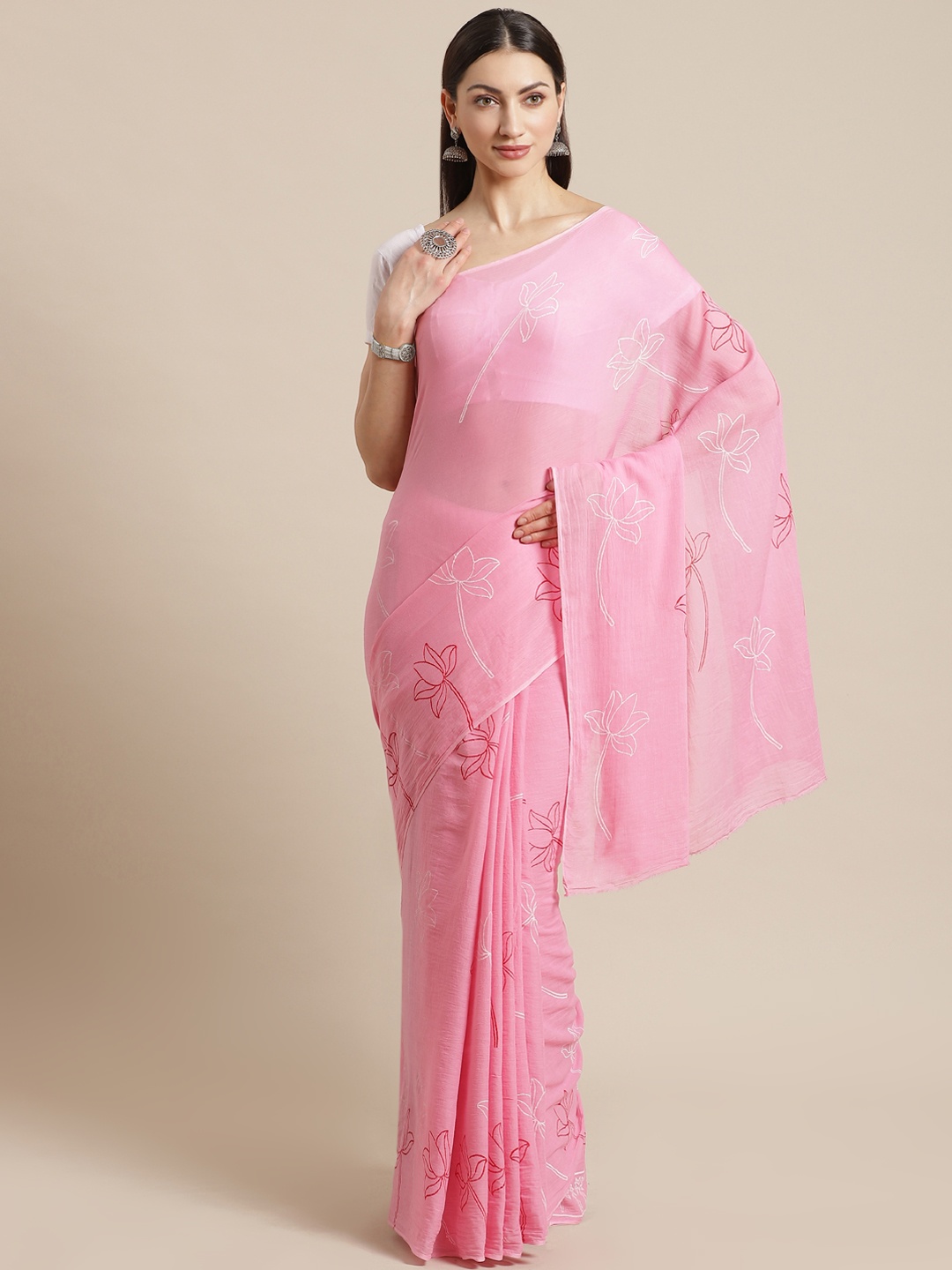 

Kalakari India Pink & White Pure Cotton Block Print Sustainable Saree
