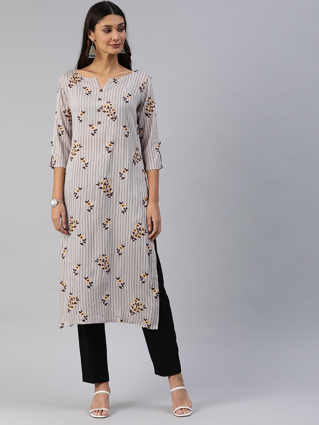 

Swishchick Women Grey Striped Straight Kurta