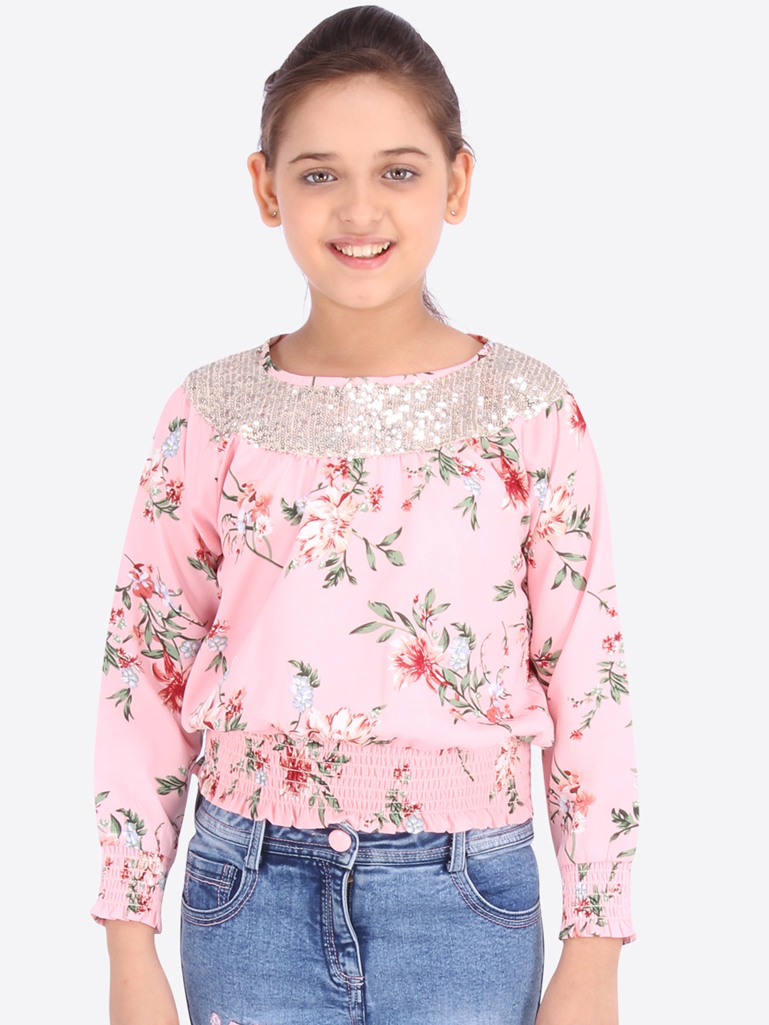 

CUTECUMBER Girls Pink Floral Printed Blouson Top