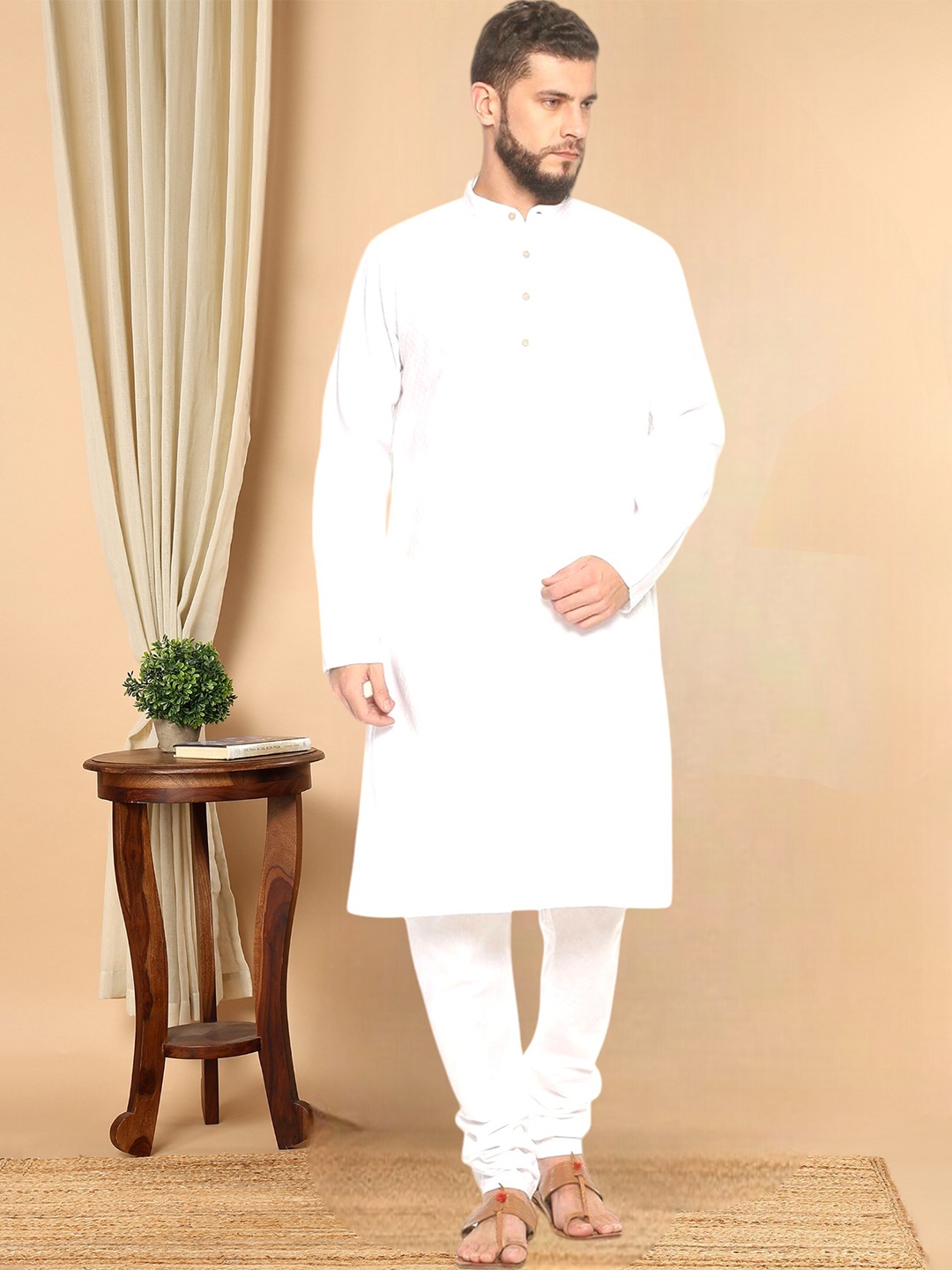 

TATTVA Men White Woven Design Straight Kurta