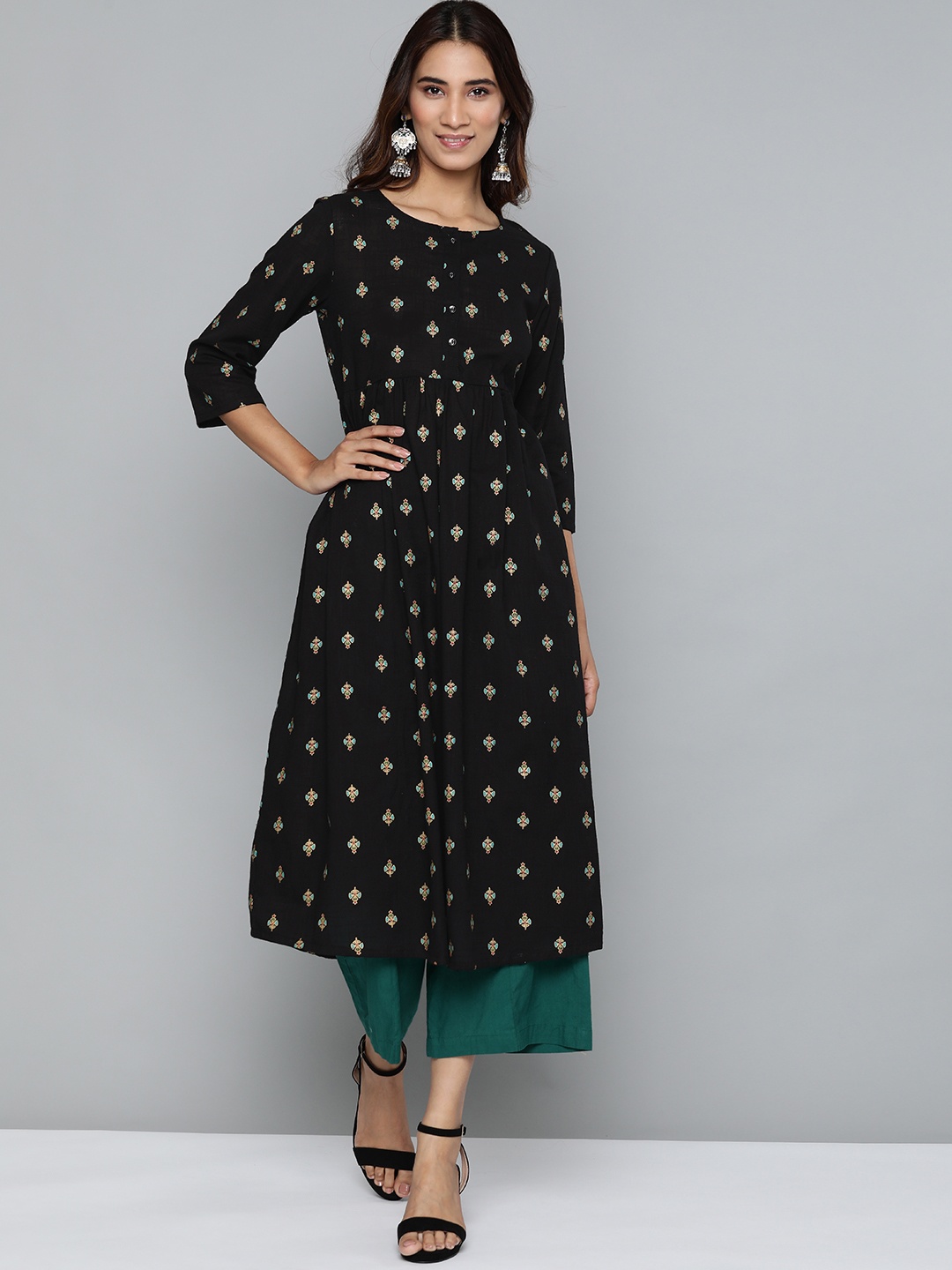 

HERE&NOW Women Black & Blue Printed A-Line Kurta