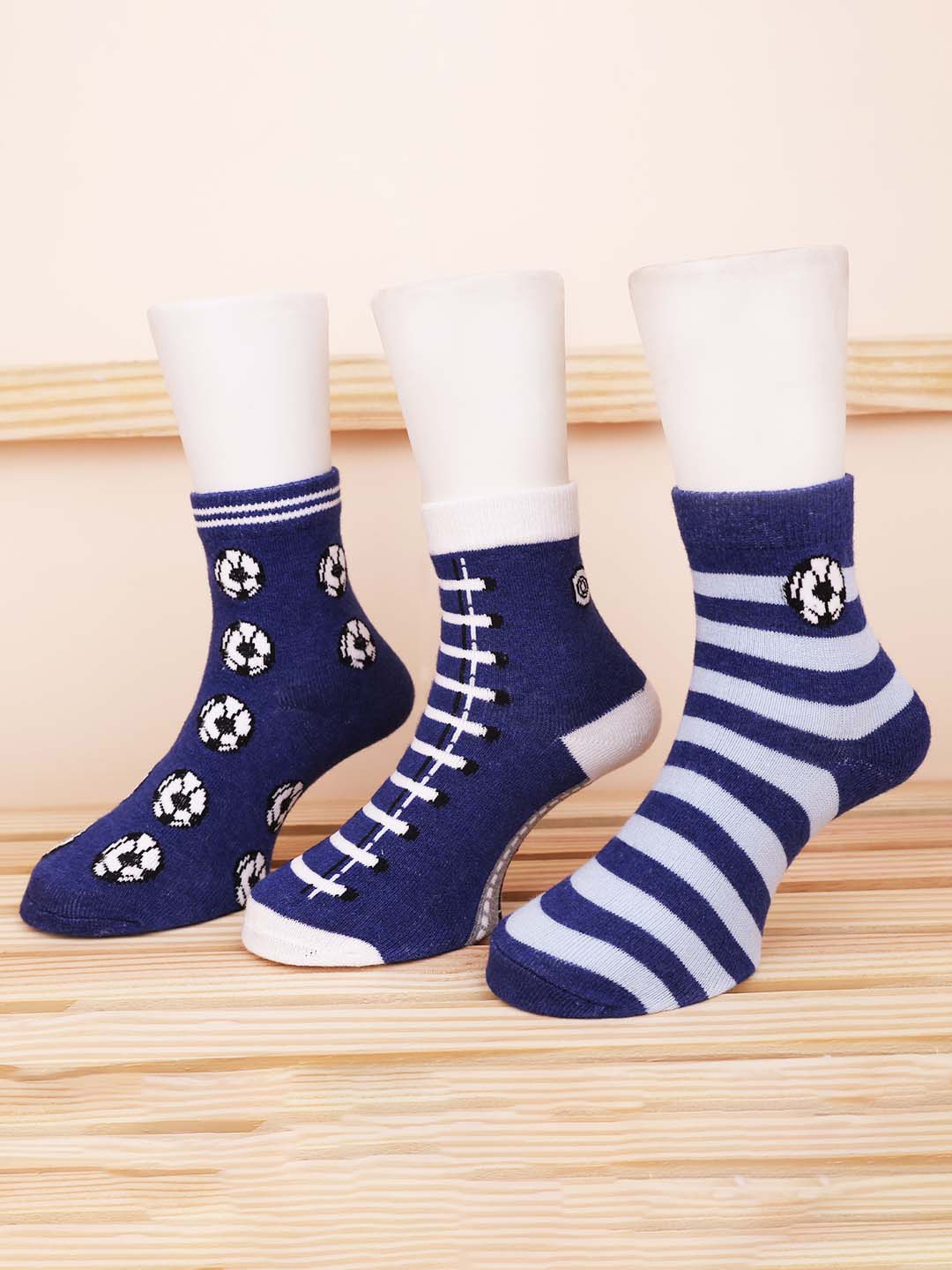 

FOOTPRINT 3 Pairs Infant Kids Patterned Ankle-Length Organic Cotton Socks, Blue