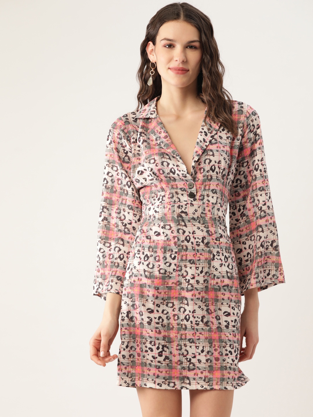 

MELOSO Women Off-White & Pink Animal Print Shirt Dress