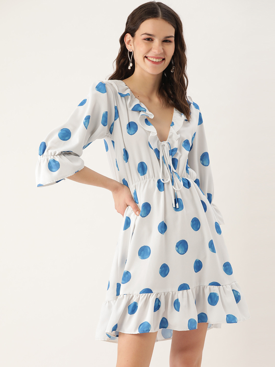

MELOSO Women White & Blue Polka Dot Print Ruffled A-Line Dress